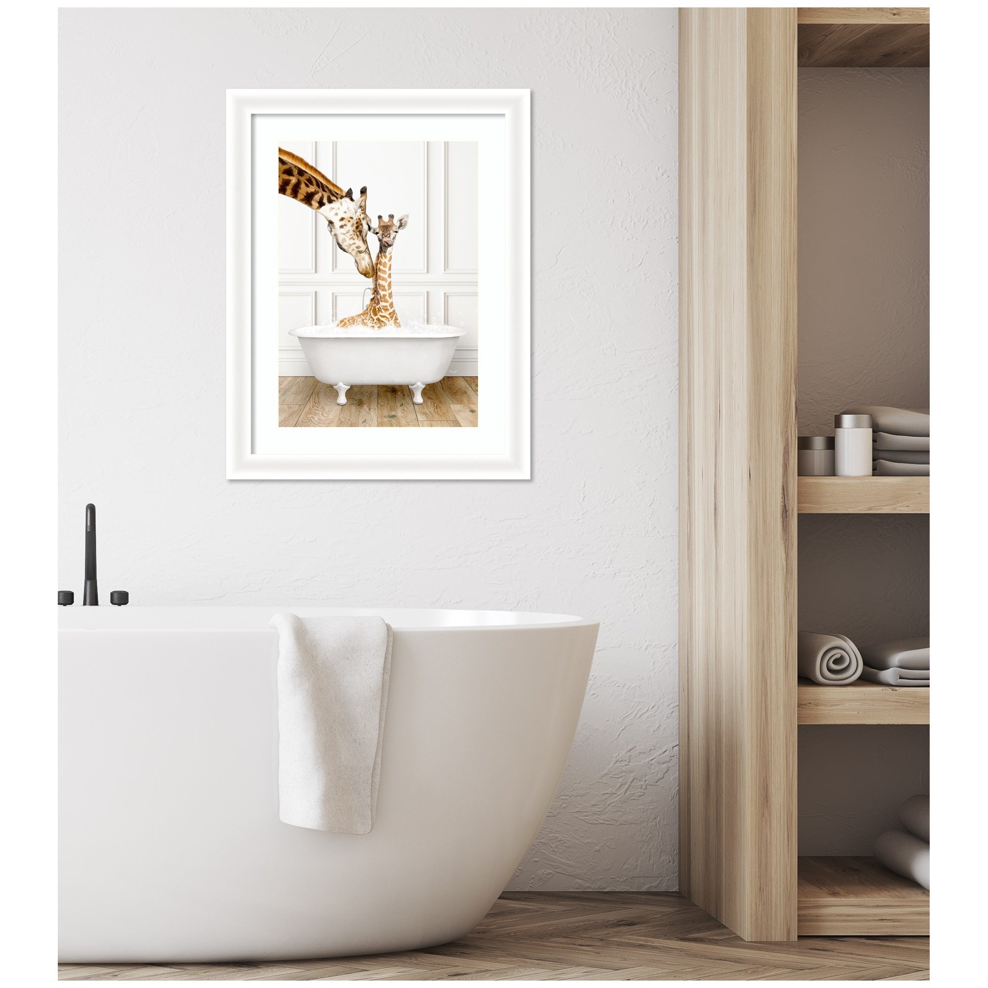 Mother and Baby Giraffe in Traditional Vintage Bathtub by Amy Peterson Framed Wall Art Print