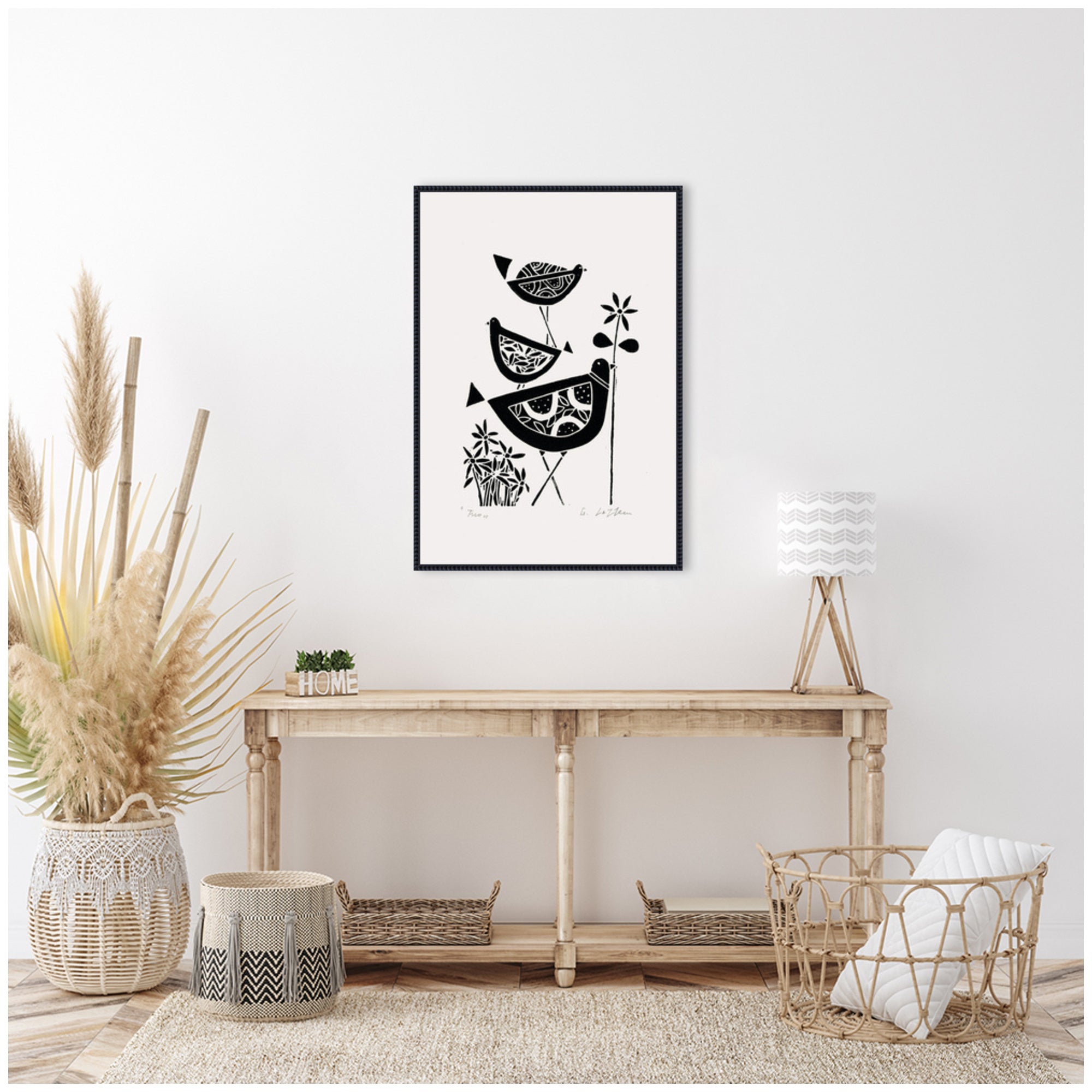 Sylvie Folk Bird Family Trio Linocut Framed Canvas by Giuliana Lazzerini