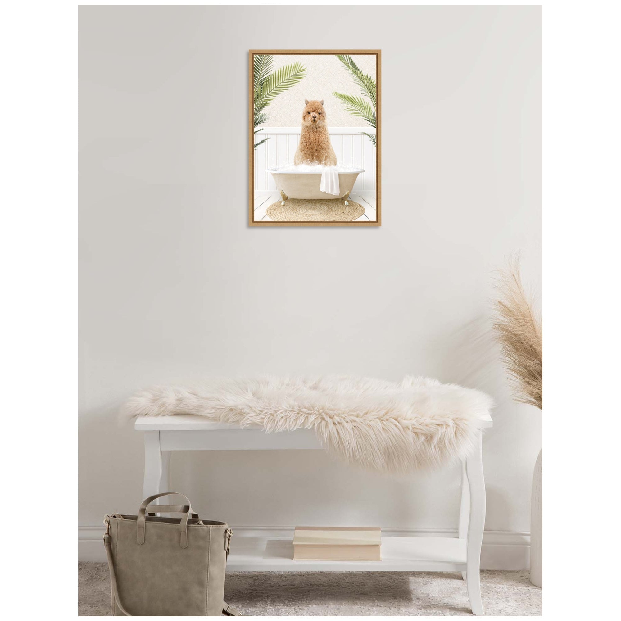 Sylvie Alpaca in Palms Bathtub Framed Canvas by Amy Peterson