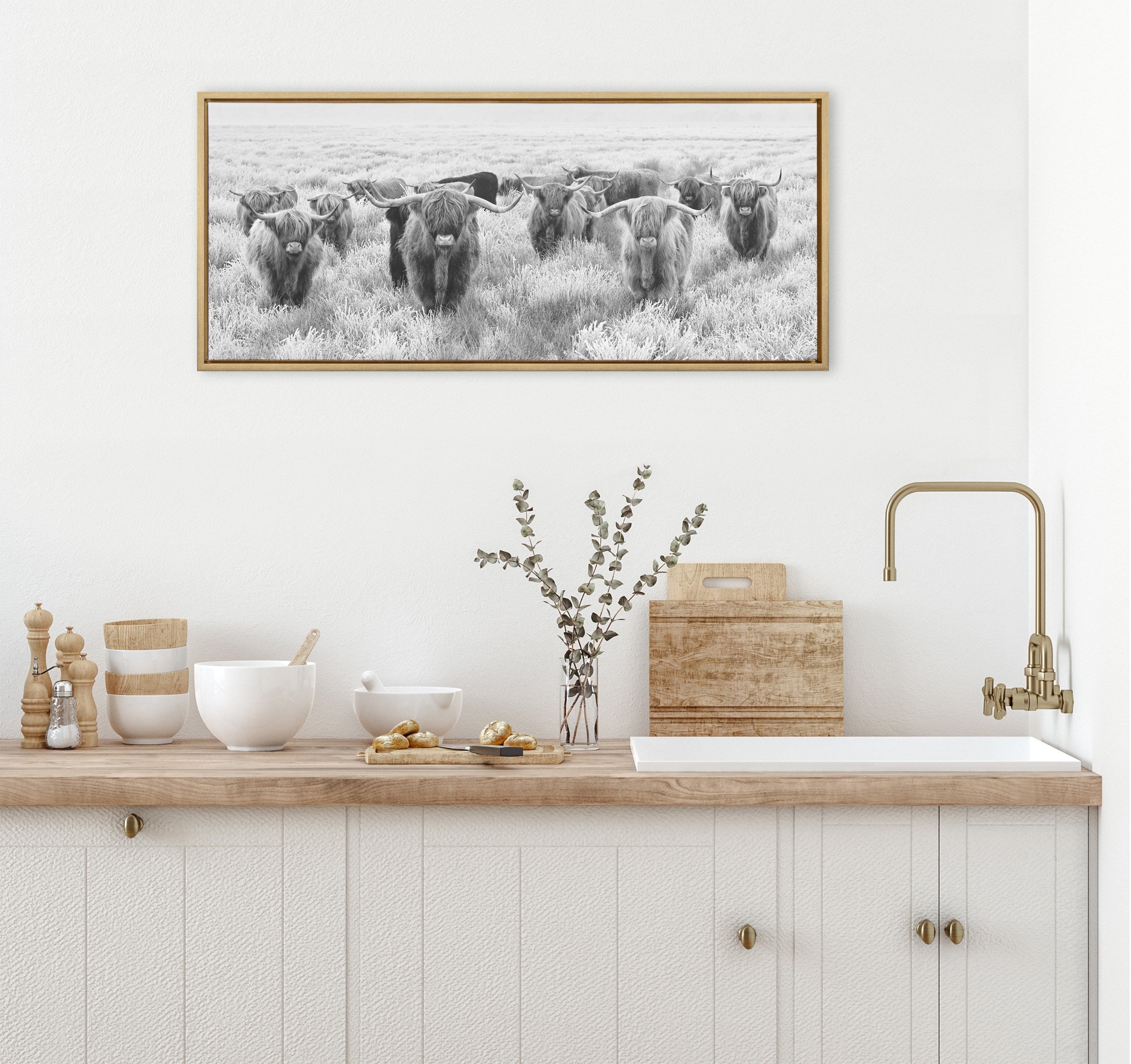 Sylvie Herd of Highland Cows Black and White Framed Canvas by The