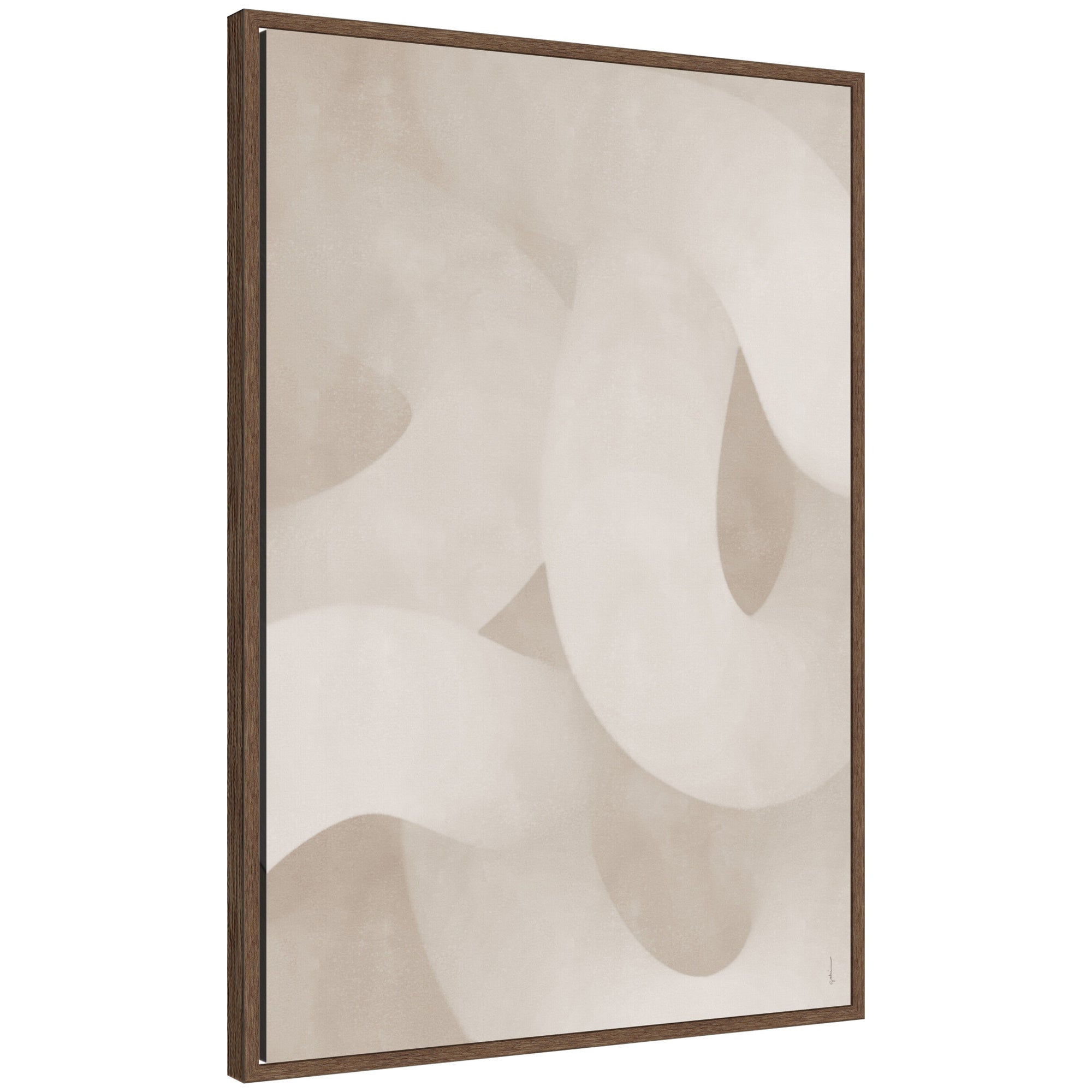Framed canvas wall art print titled Organic Movement by Gabrielly Guedes showing contemporary organic shapes in warm tones, framed in walnut brown Sylvie moulding.