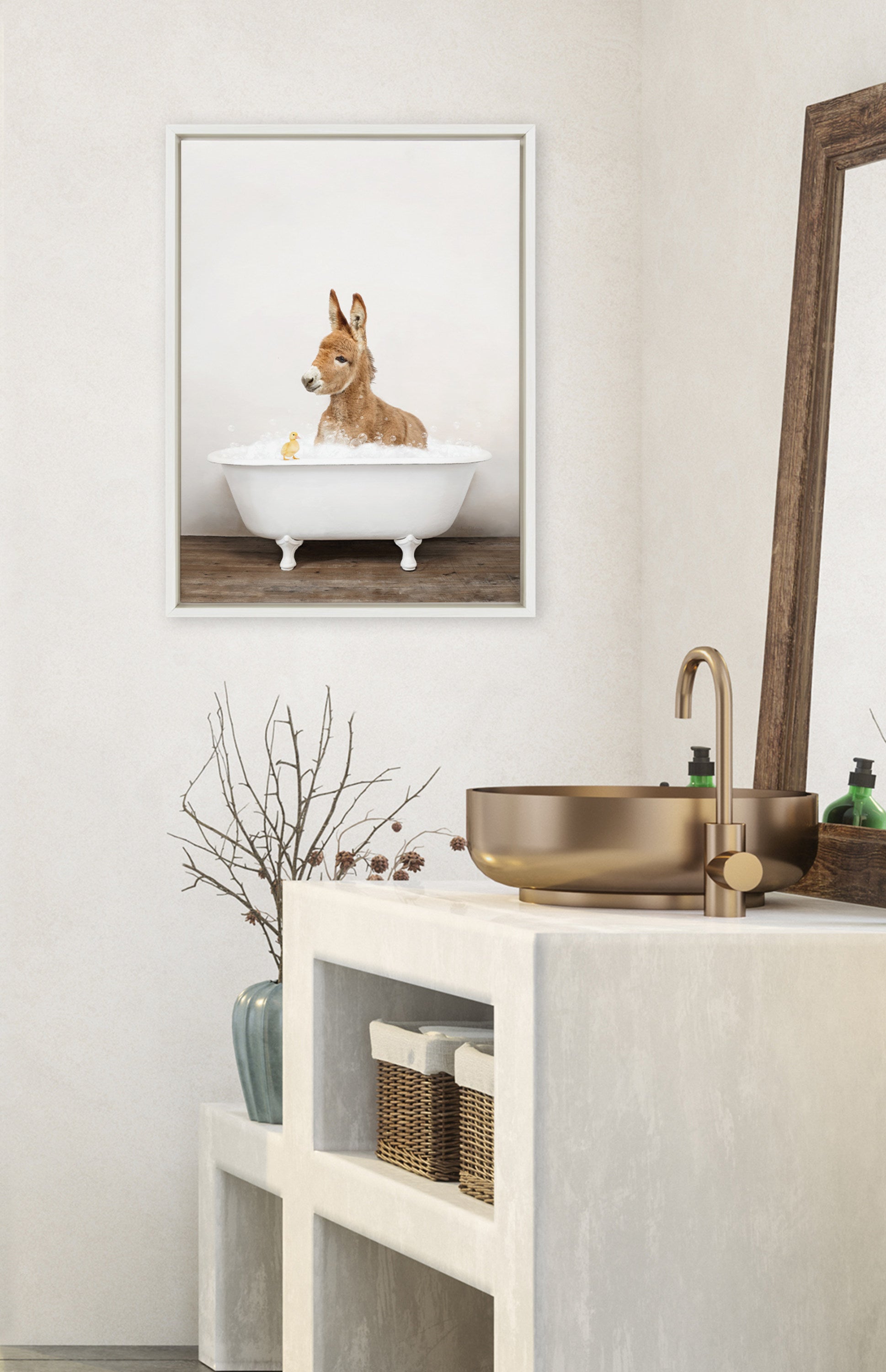 Sylvie Baby Donkey in Rustic Bath Framed Canvas by Amy Peterson Art Studio