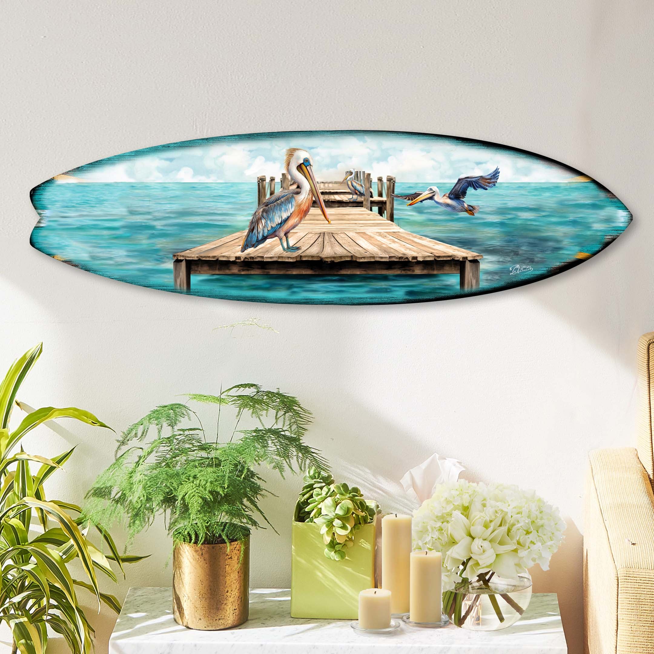 Pelican on the Pier Surfboard Coastal Wall Art by G. DeBrekht by G.DeBrekht - product image 4 for Resin Society