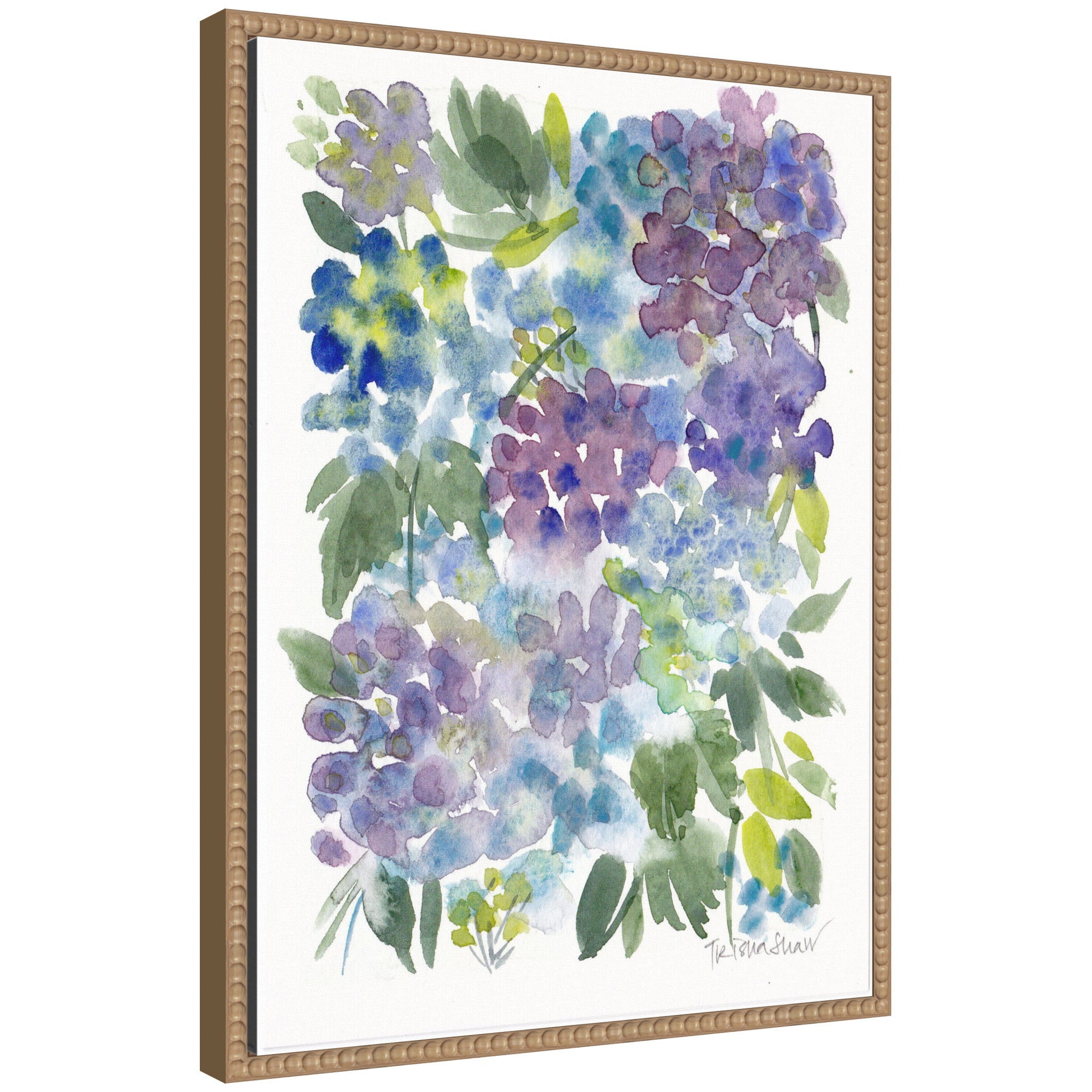 Sylvie Watercolor Purple Hydrafloral framed canvas art featuring purple floral abstract design with vintage beaded frame