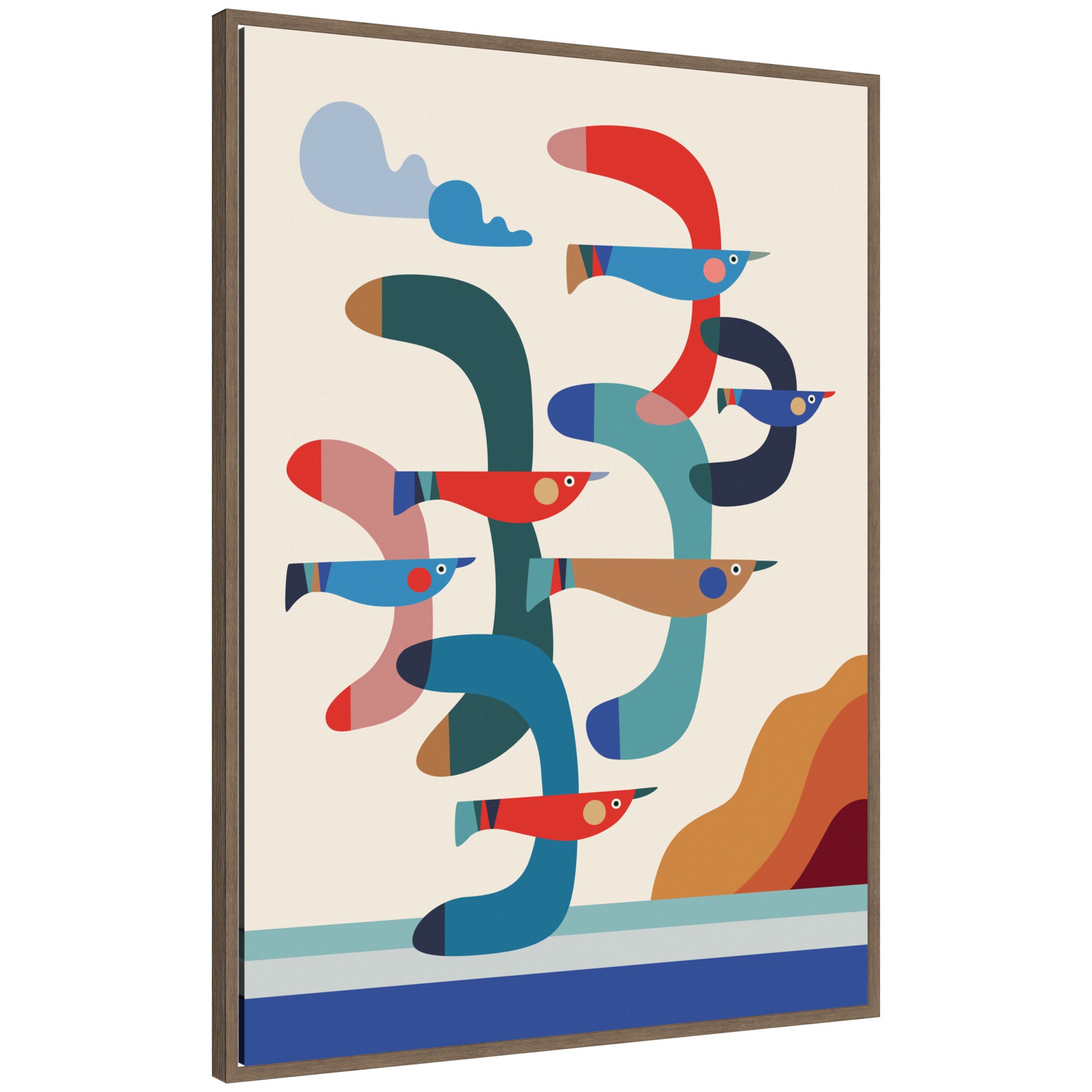 Framed canvas wall art featuring seagulls flying over a coastal scene with serene blues and sandy tones, in a Sylvie wooden frame.
