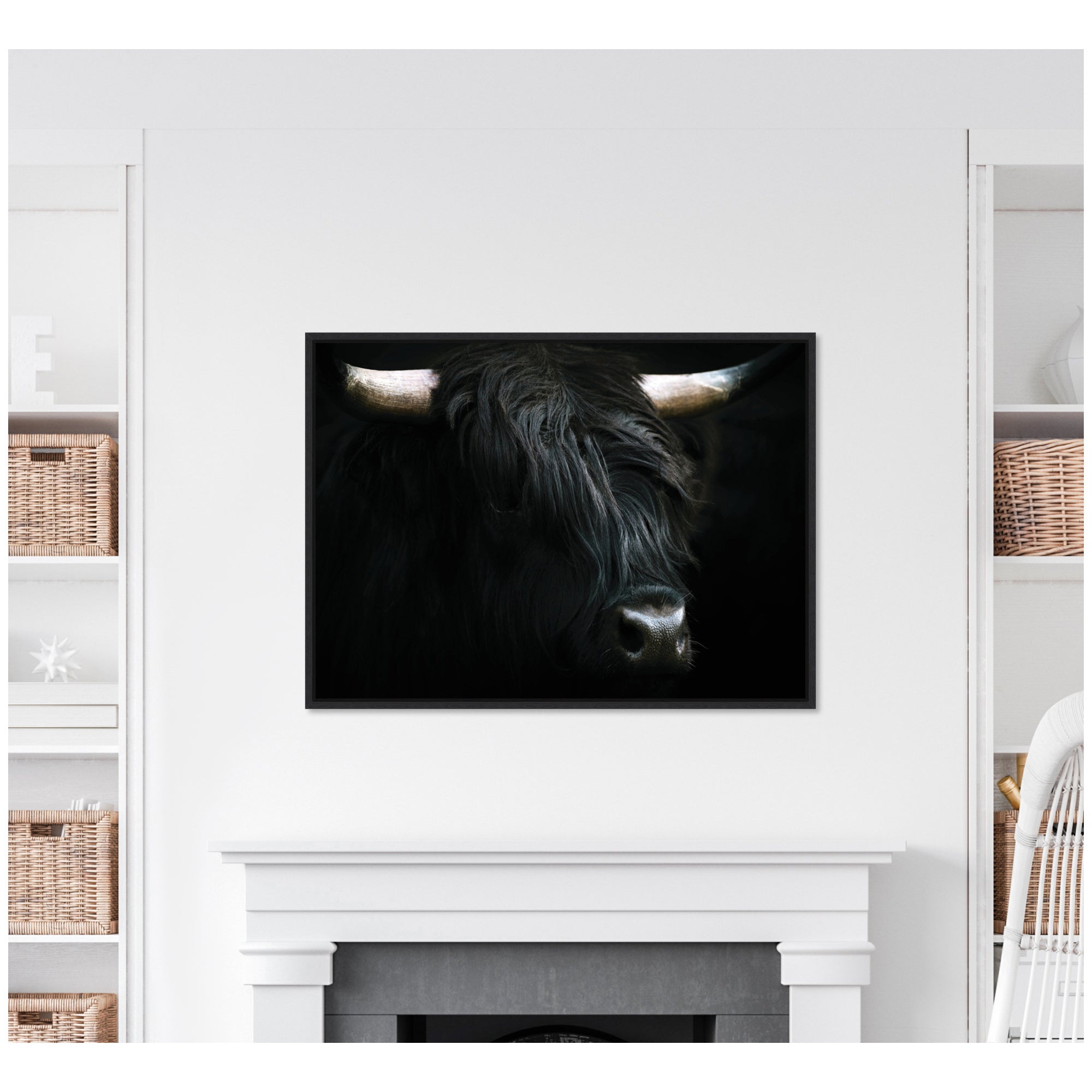Sylvie Minimalist Black Highland Cow Framed Canvas by Michael Schauer