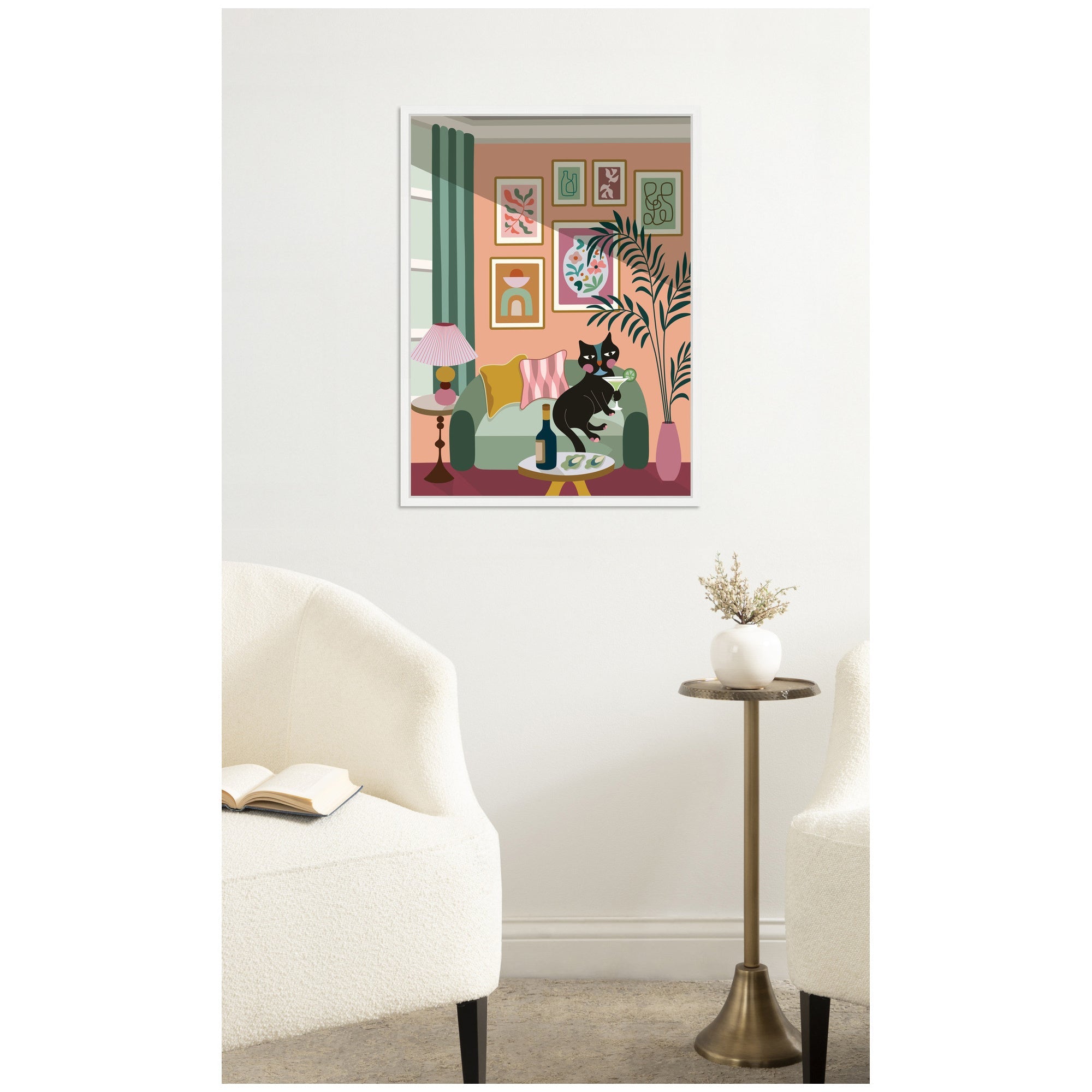 Cocktail Cat by Rachel Lee 3 Birdies Studio Framed Canvas Wall Art Print
