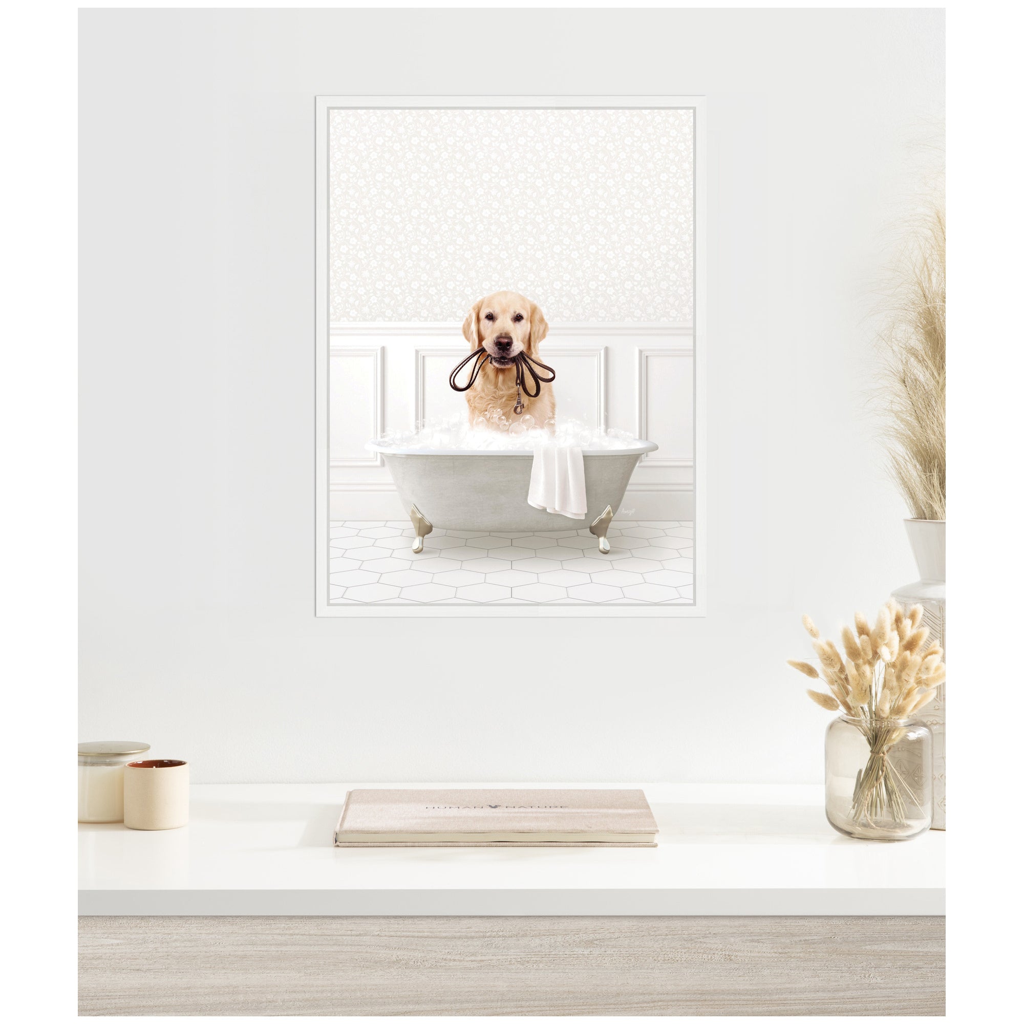 Sylvie Golden Retriever in White Bath Framed Canvas by Amy Peterson