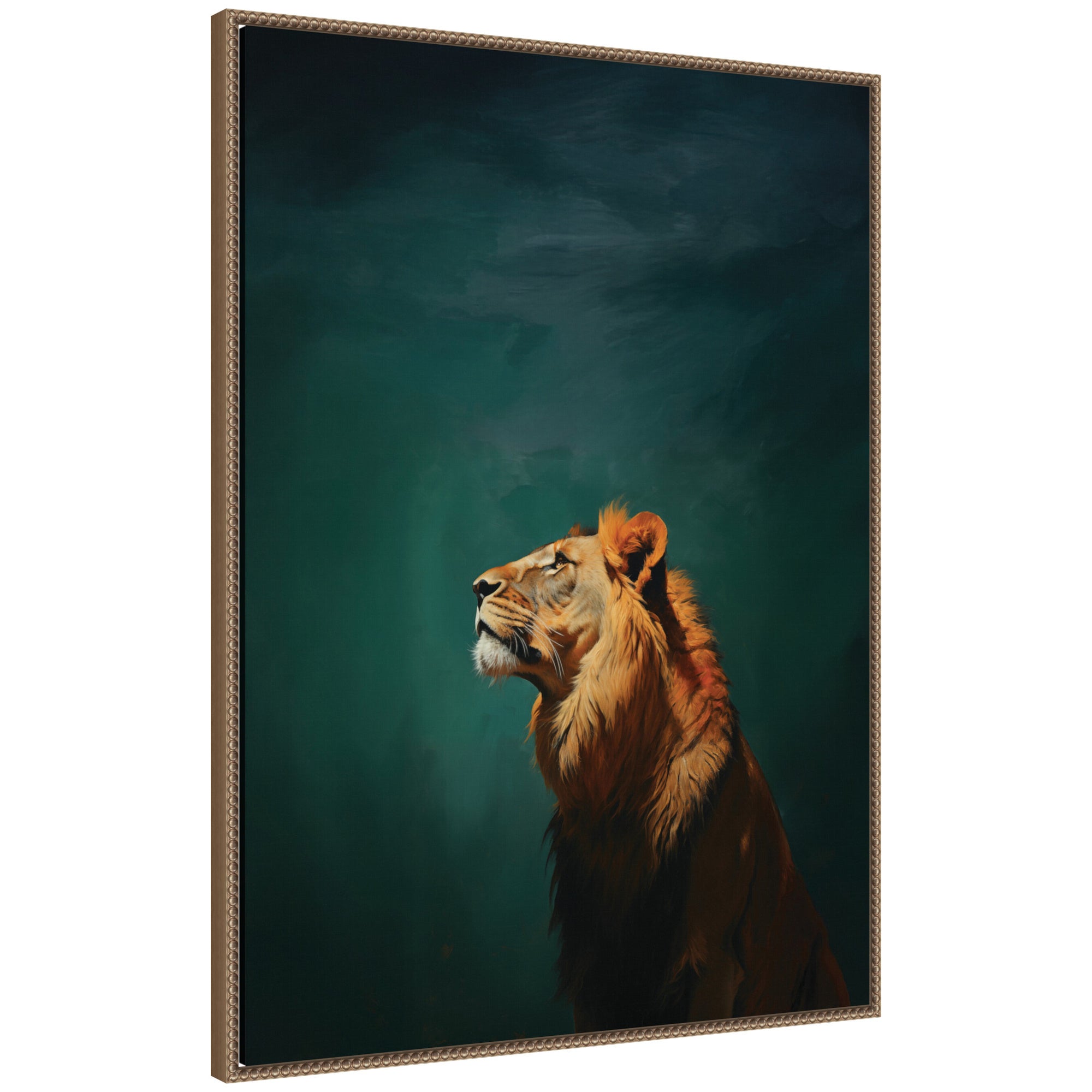 Lion on Tonal Blue Teal Green Abstract by The Creative Bunch Studio Framed Canvas Wall Art Print