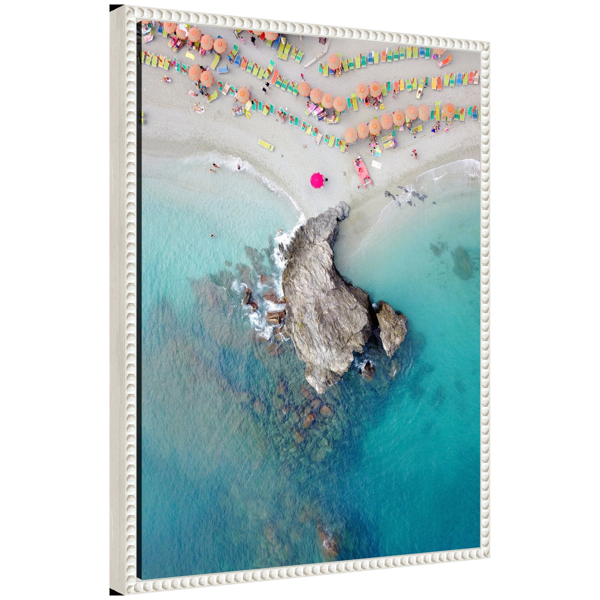 Sylvie Monterosso 7 framed canvas artwork showing a beach scene, with a vintage beaded polystyrene frame