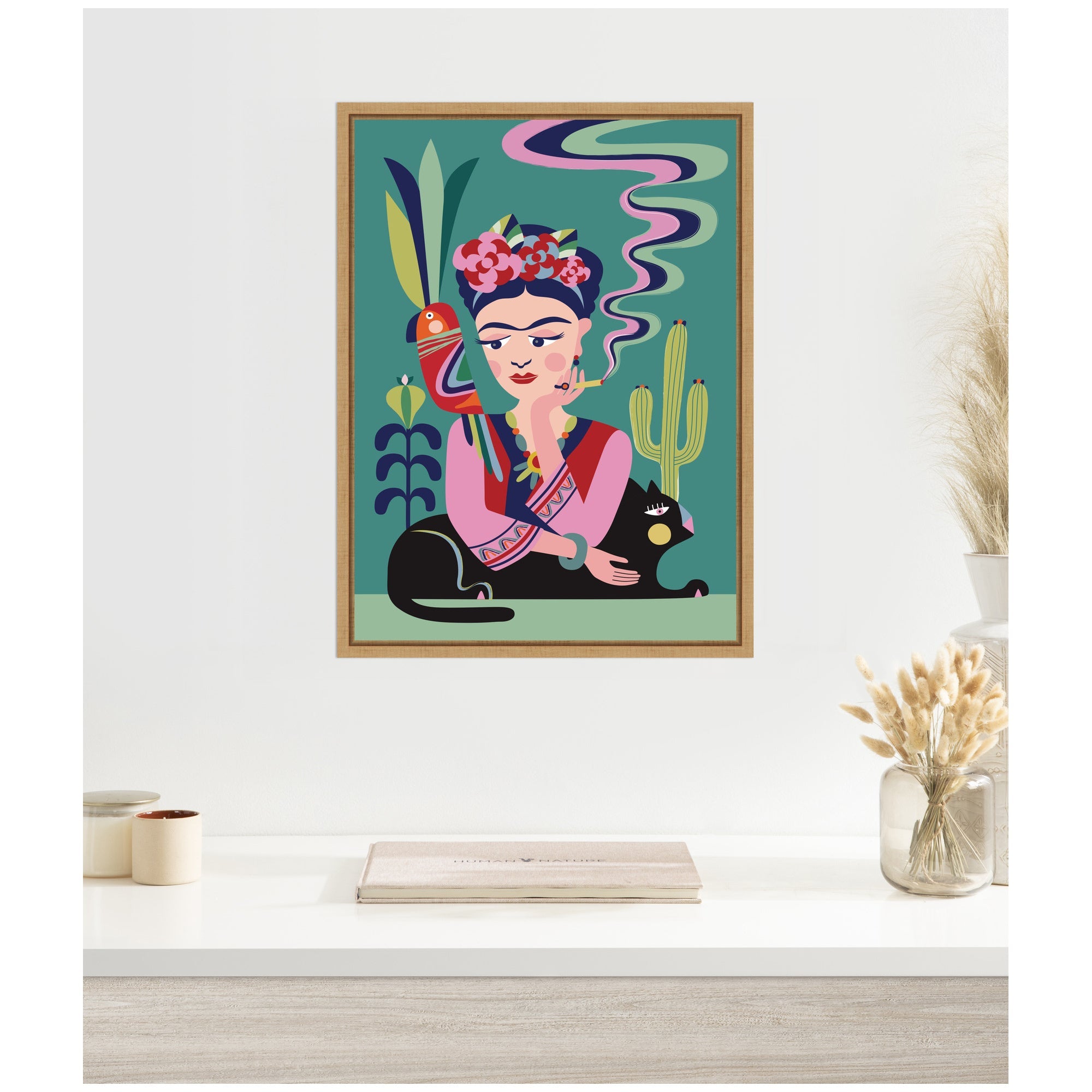 Sylvie Frida Kahlo and the Black Cat Framed Canvas by Rachel Lee