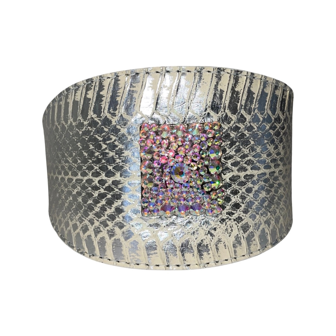 Silver snake collar with custom Swarovski crystal rivet displayed on white background