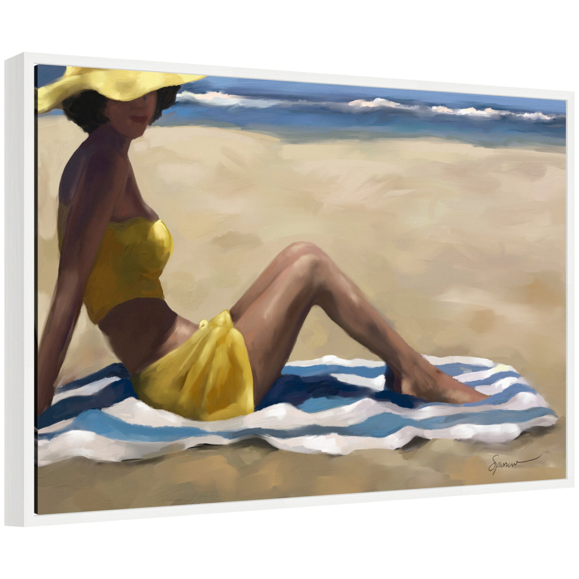 Sylvie Sunny Side framed canvas art by Mary Sparrow showing a beach scene with vibrant colors in a modern floating frame