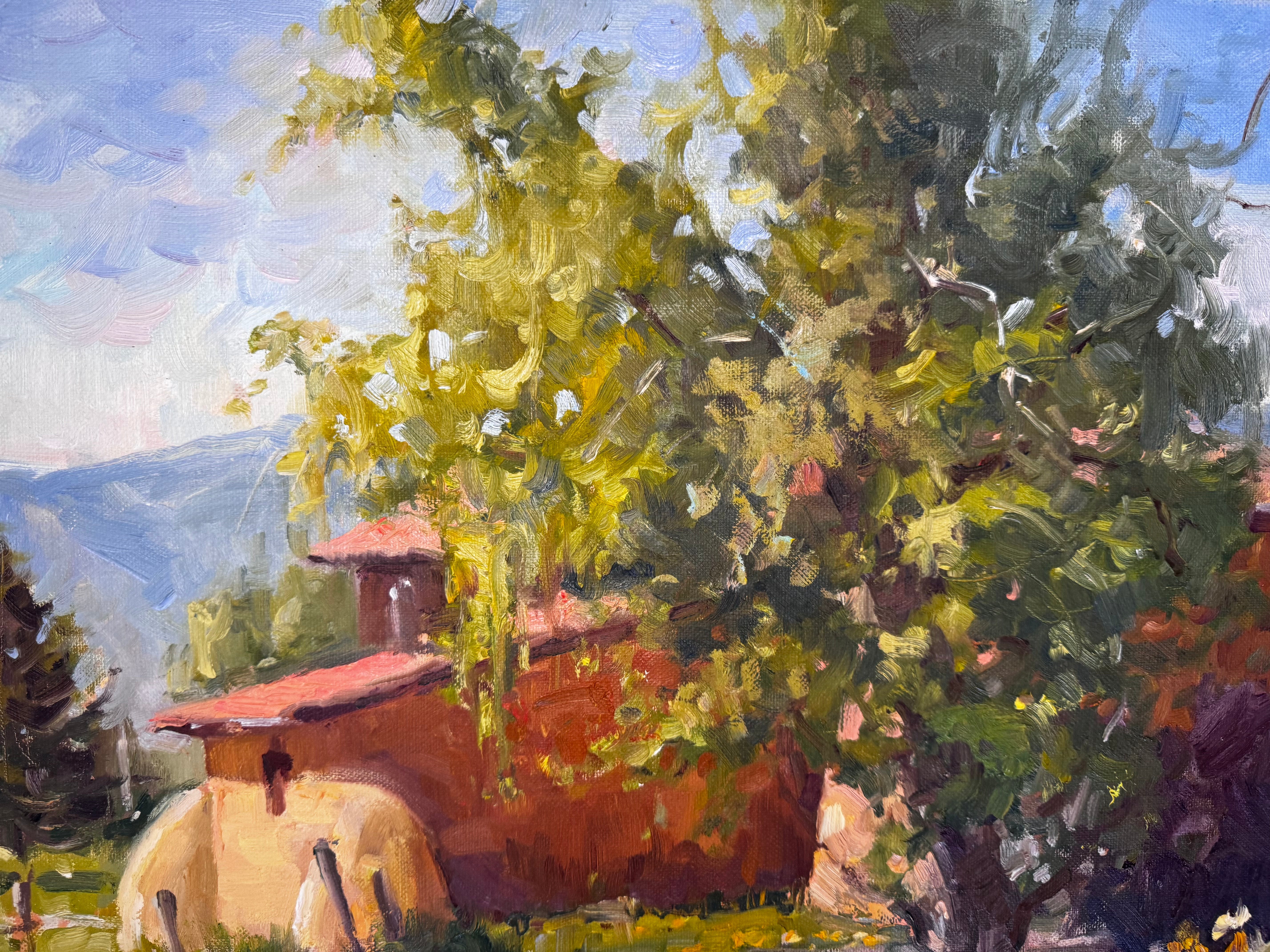 Forty Nine artwork showing a rich textured plein air painting in warm tones on board on foam core