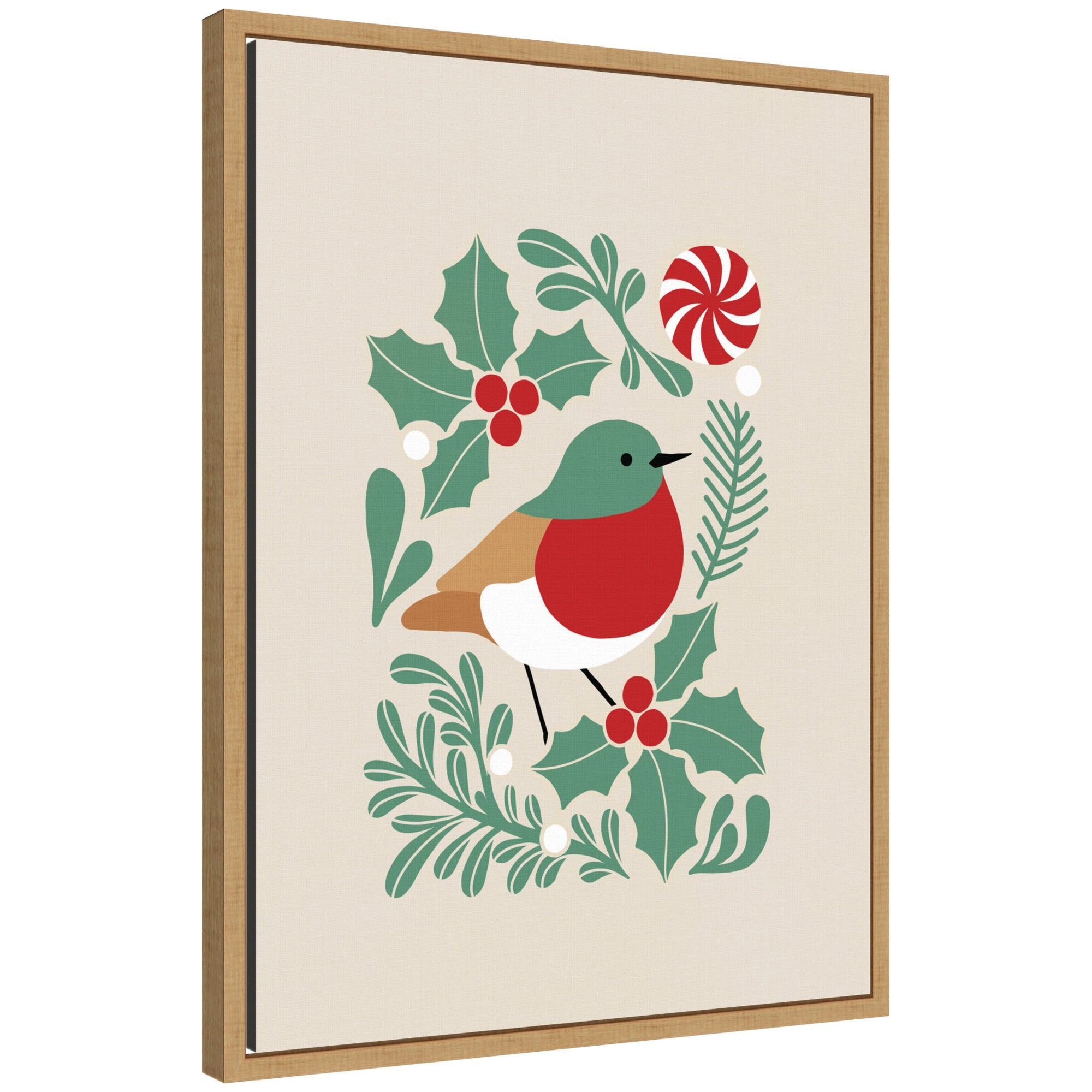 Stylized bird with holly leaves, red berries, and peppermint candy on Sylvie framed canvas by Dominique Vari