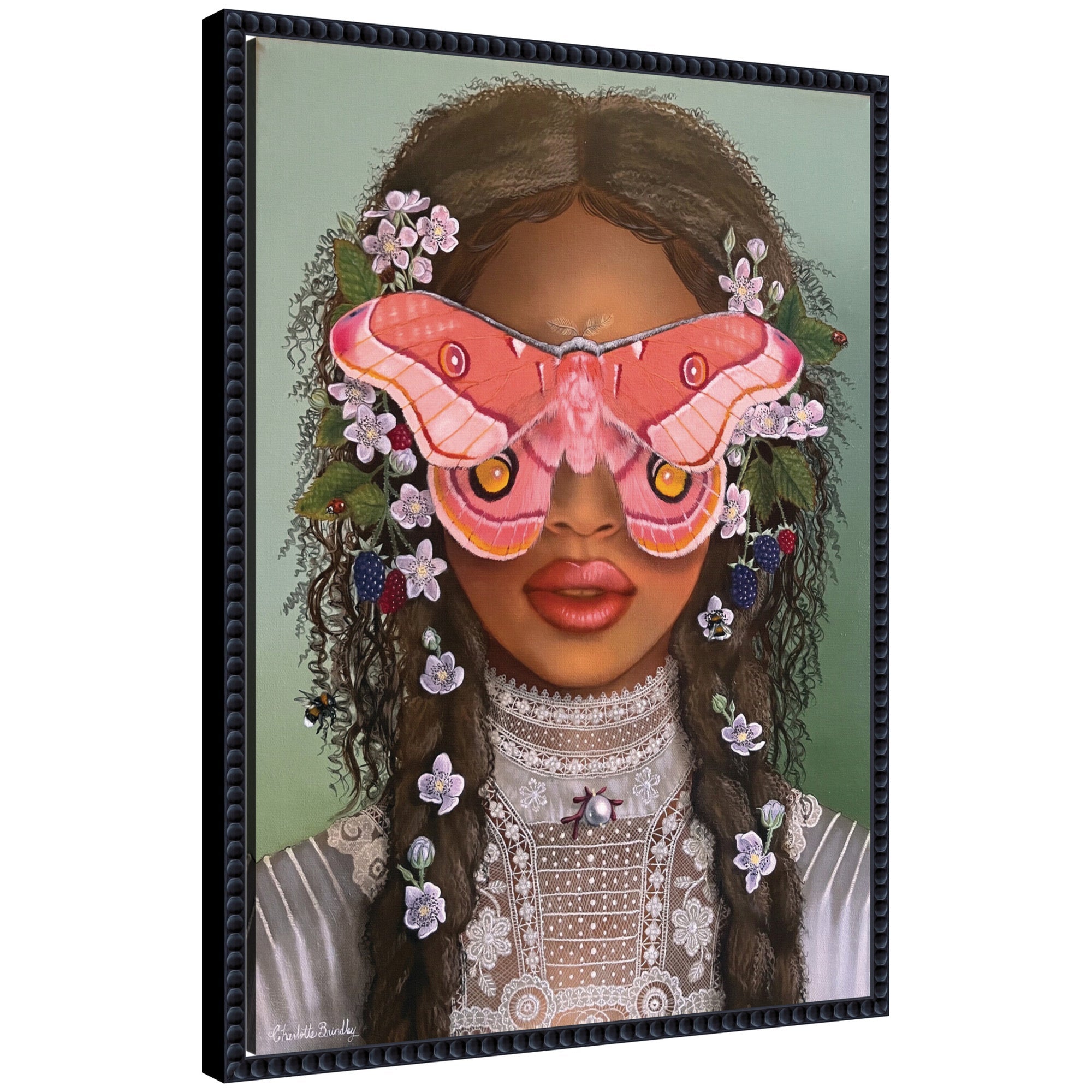 In The Garden With Antheia framed canvas wall art print by Charlotte Brindley, showing a botanical and floral design in a Beaded Black frame.