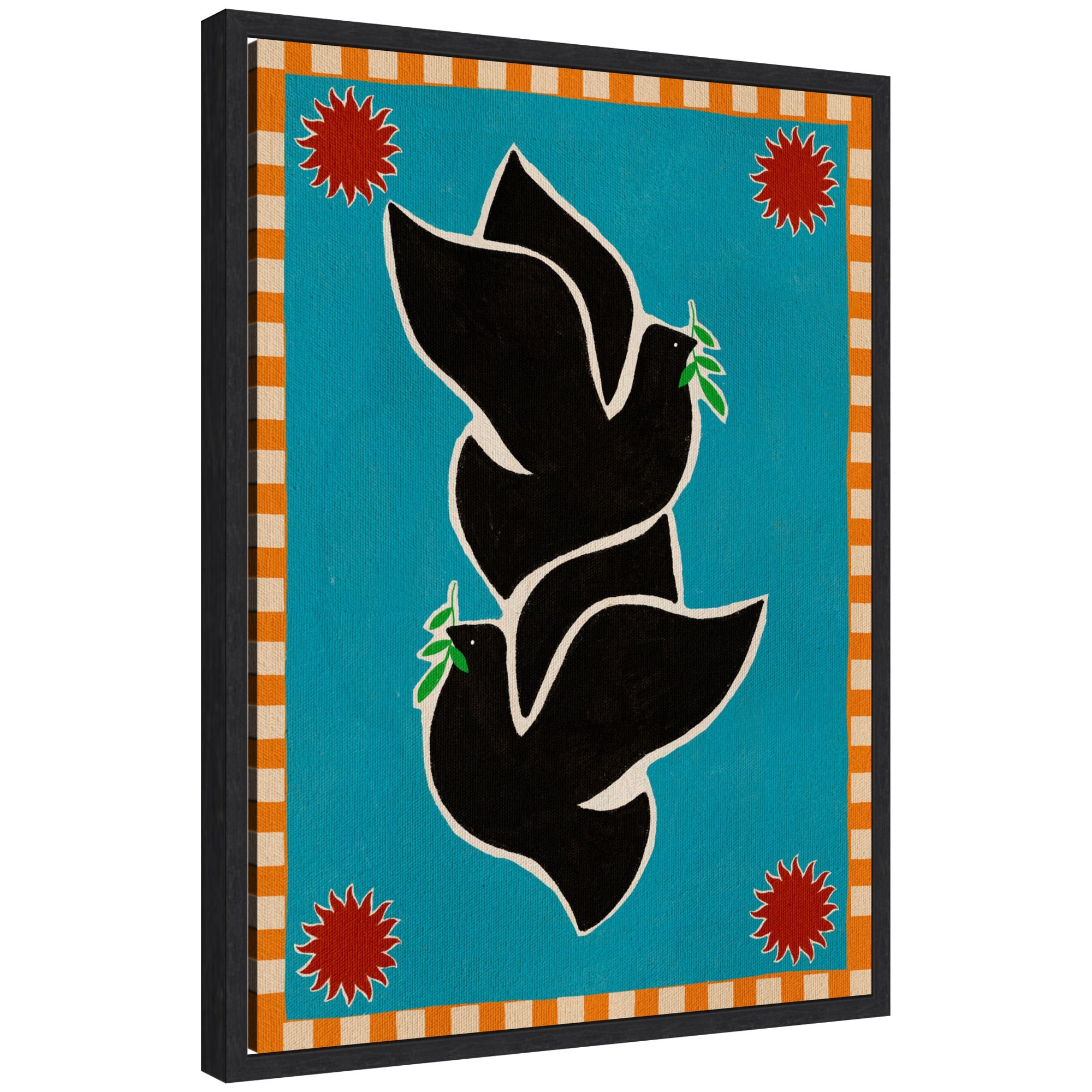 Framed canvas art titled 'Sylvie Lush Duo 4 Birds' by Shatha Al Dafai showing four colorful birds on a soft green and beige background.