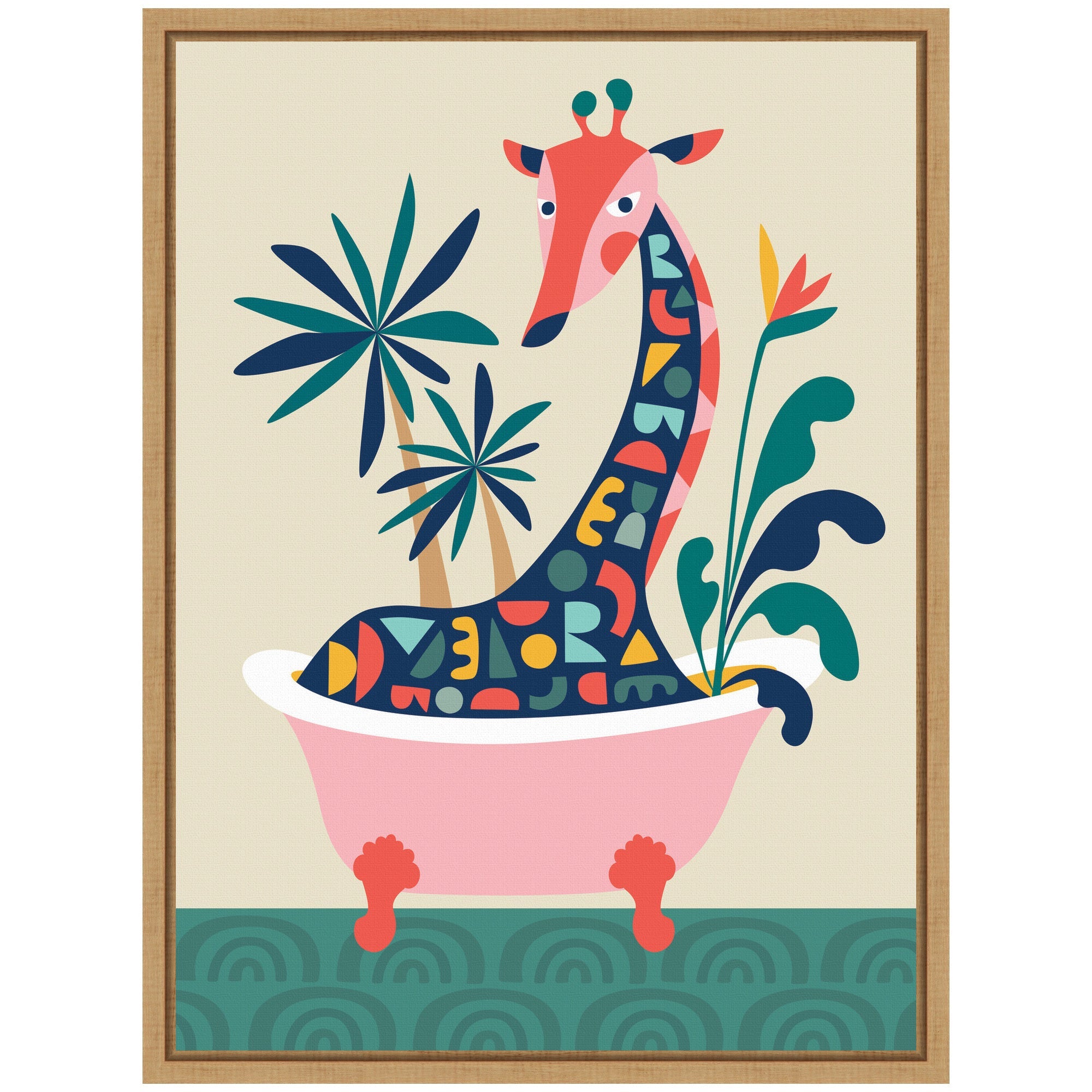 Sylvie MCM Giraffe in Bathtub Framed Canvas by Rachel Lee