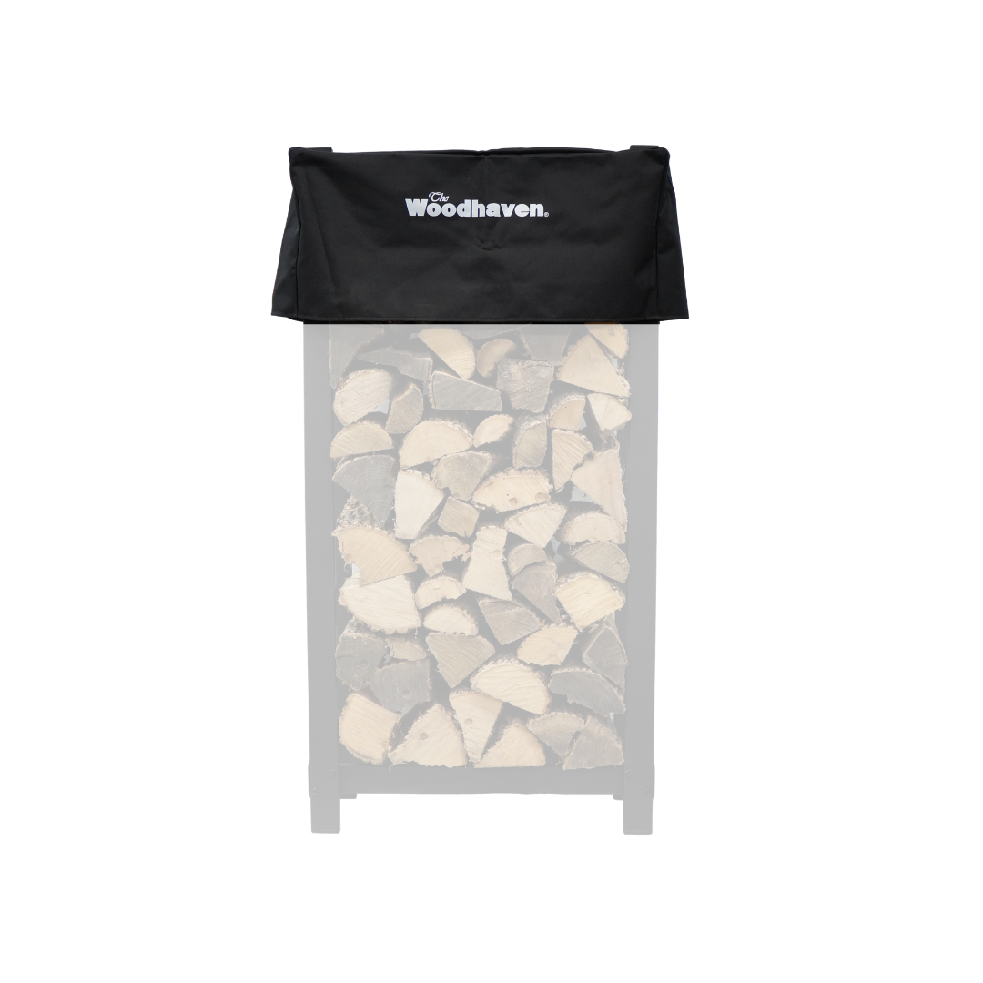 Woodhaven Short Firewood Rack Seasoning Cover in black on a firewood rack
