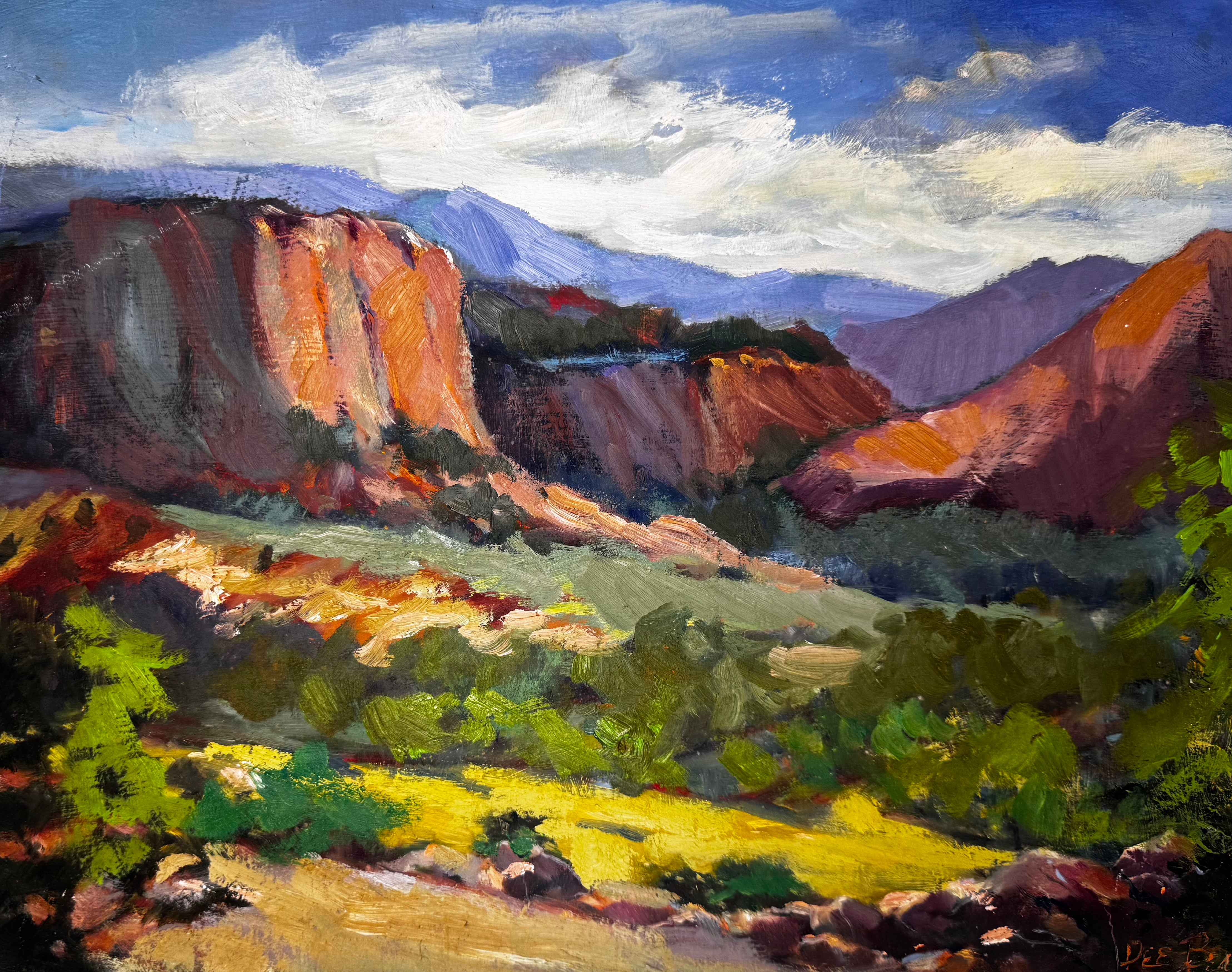 Plein air painting titled 'Five' by John Beard Collection, 11x14 inches on board, showing vibrant coastal-inspired brushwork with a soft tonal palette.