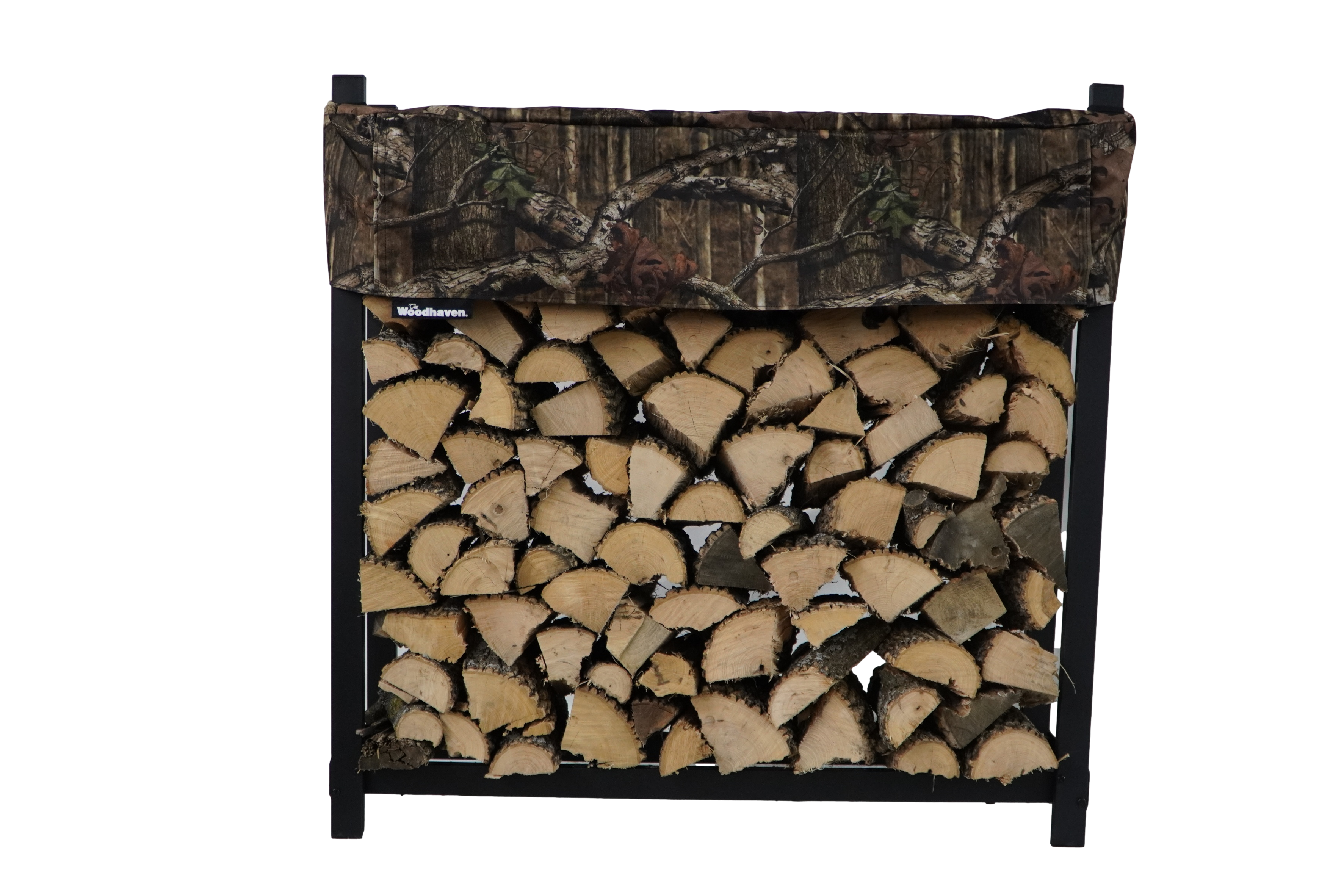 Woodhaven Short Firewood Rack Seasoning Cover in black on a firewood rack