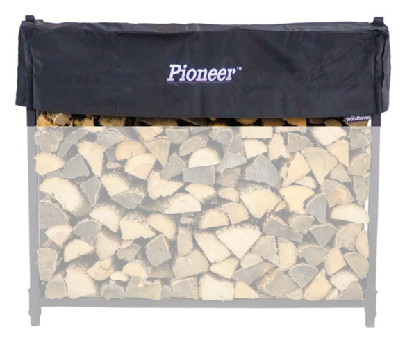 Woodhaven Short Firewood Rack Seasoning Cover in black on a firewood rack