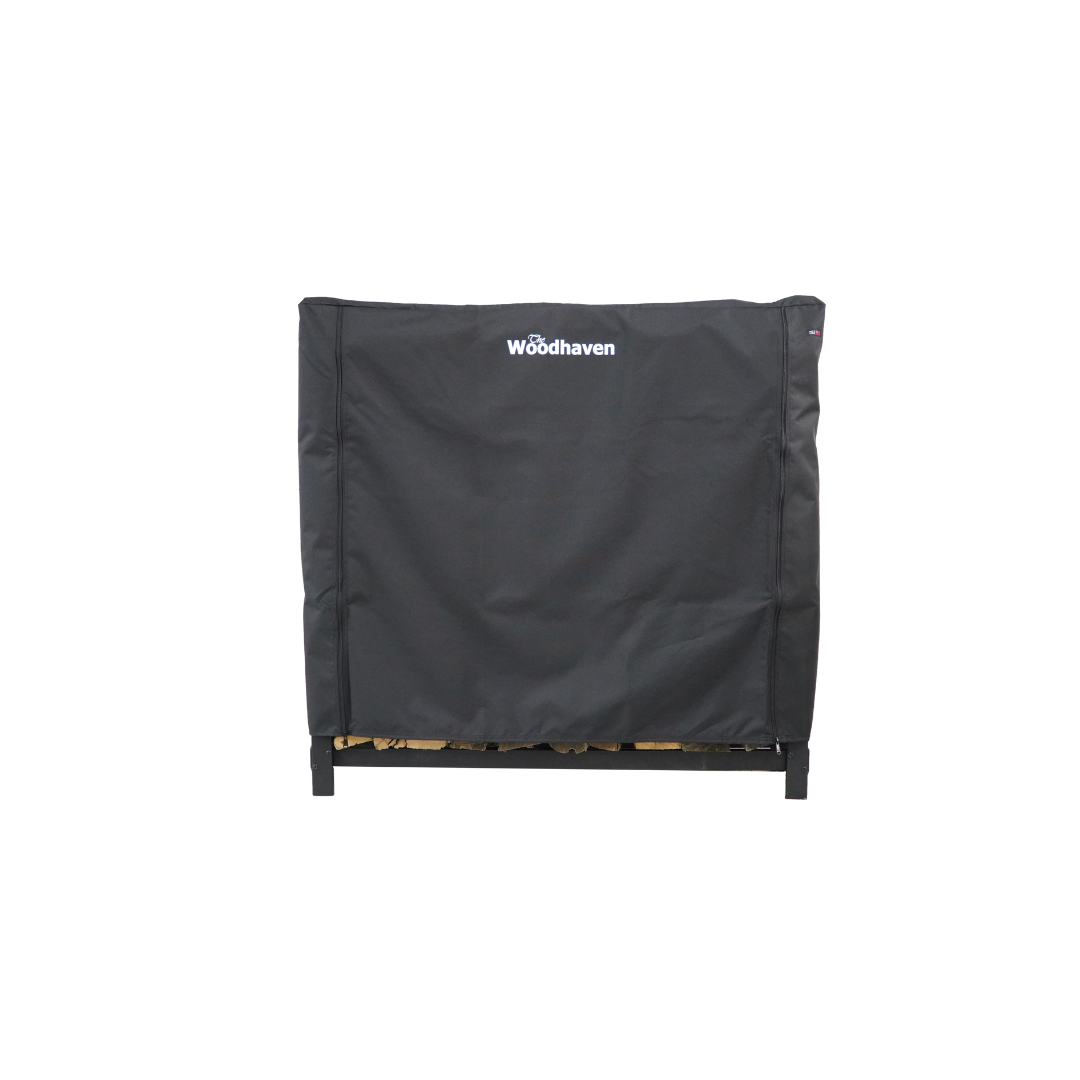 Woodhaven Full Firewood Rack Cover with zipper closure protecting stacked firewood outdoors
