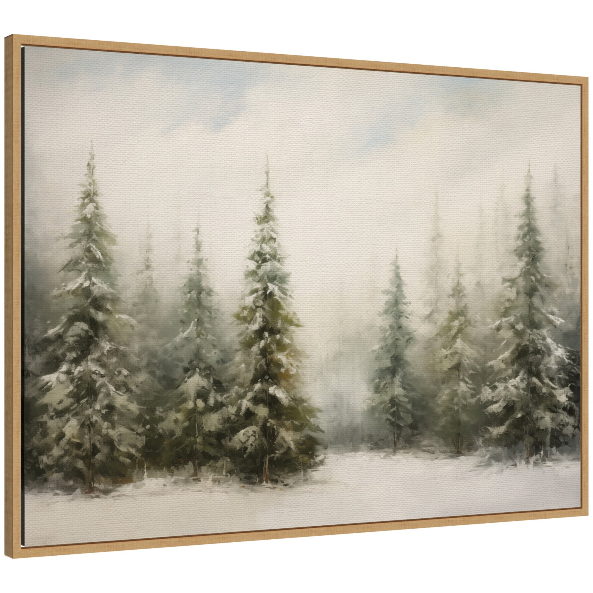 Framed canvas print of a traditional snowy pine forest landscape with soft mist by The Creative Bunch Studio
