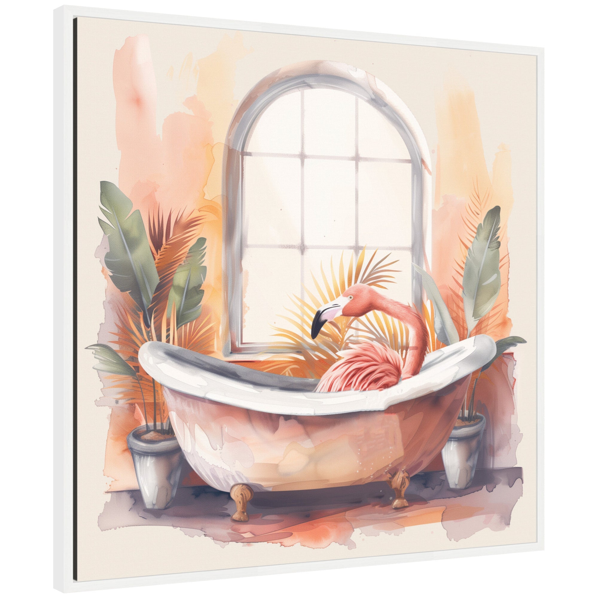 Framed watercolor print of a pastel tropical flamingo in bathroom setting