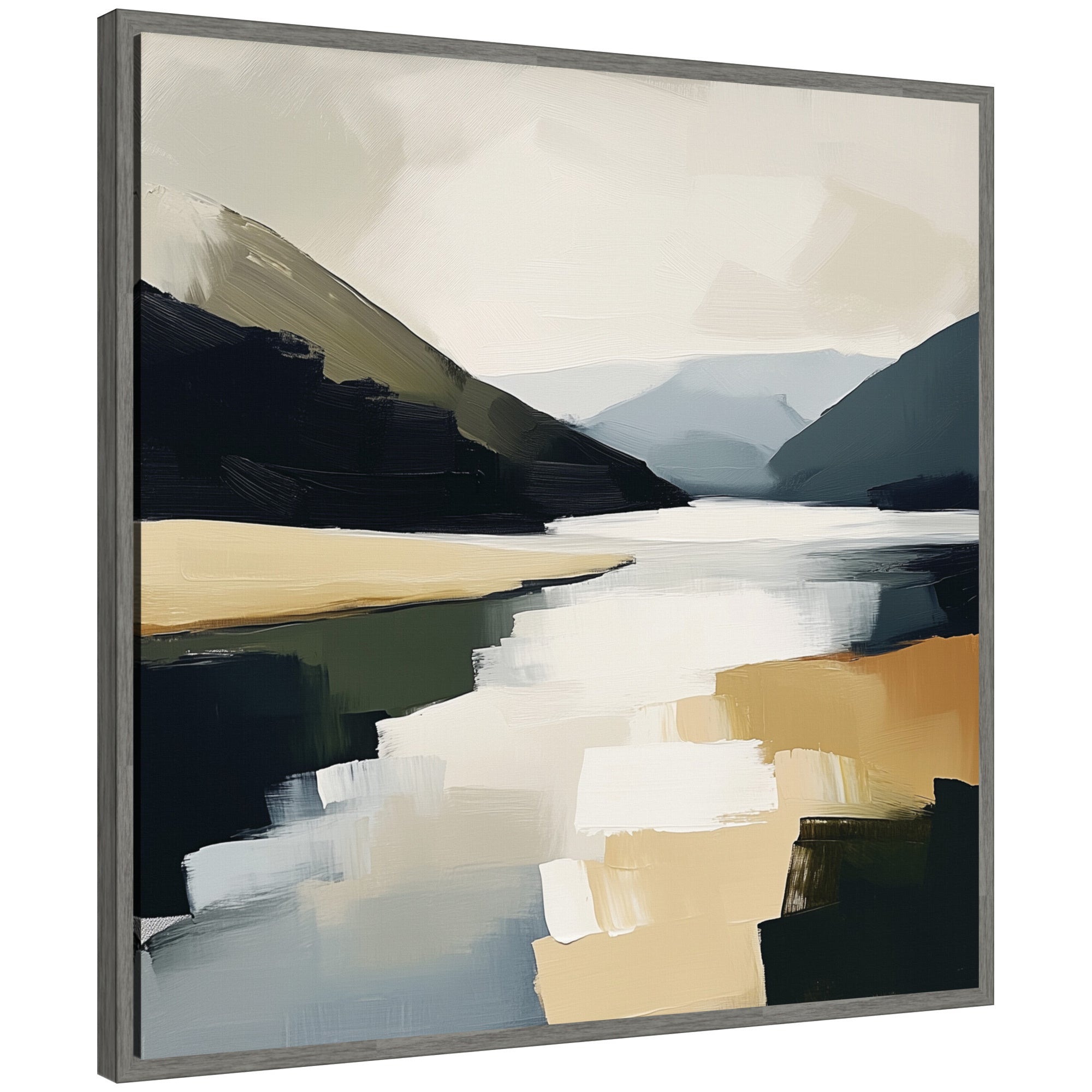 Sylvie Mountain Lake Modern Abstract Landscape framed canvas showing abstract shapes in natural colors
