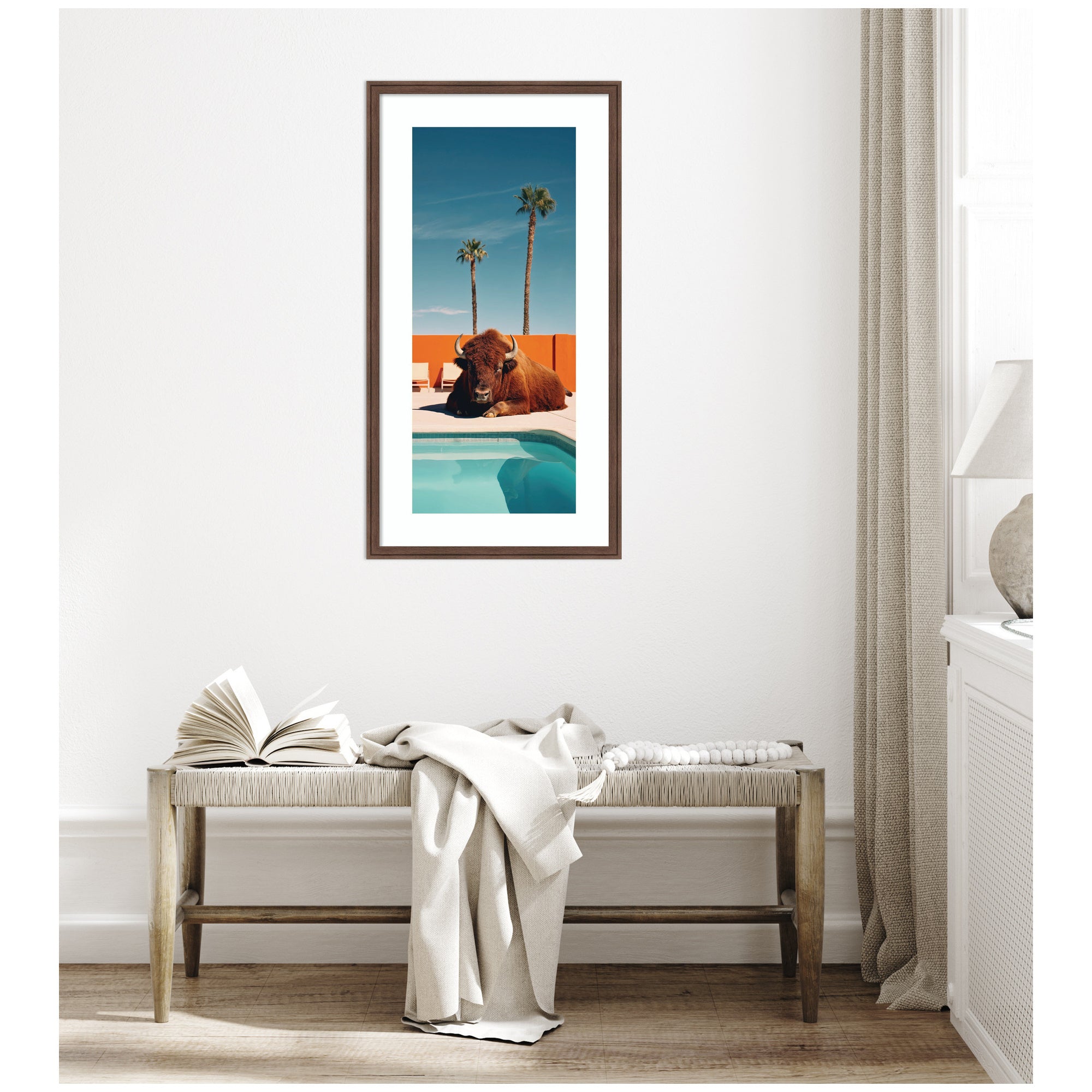 Framed Art Bison Chilling by the Pool in California by Michael Schauer