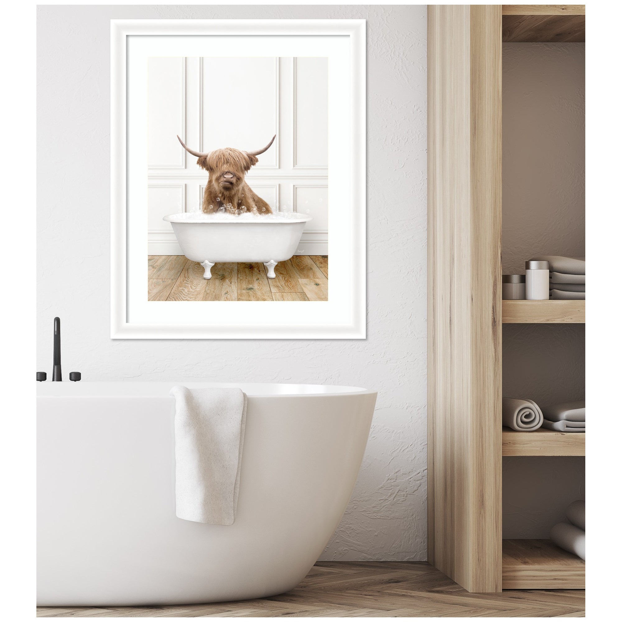 Highland Cow in Traditional Vintage Bathtub by Amy Peterson Framed Wall Art Print