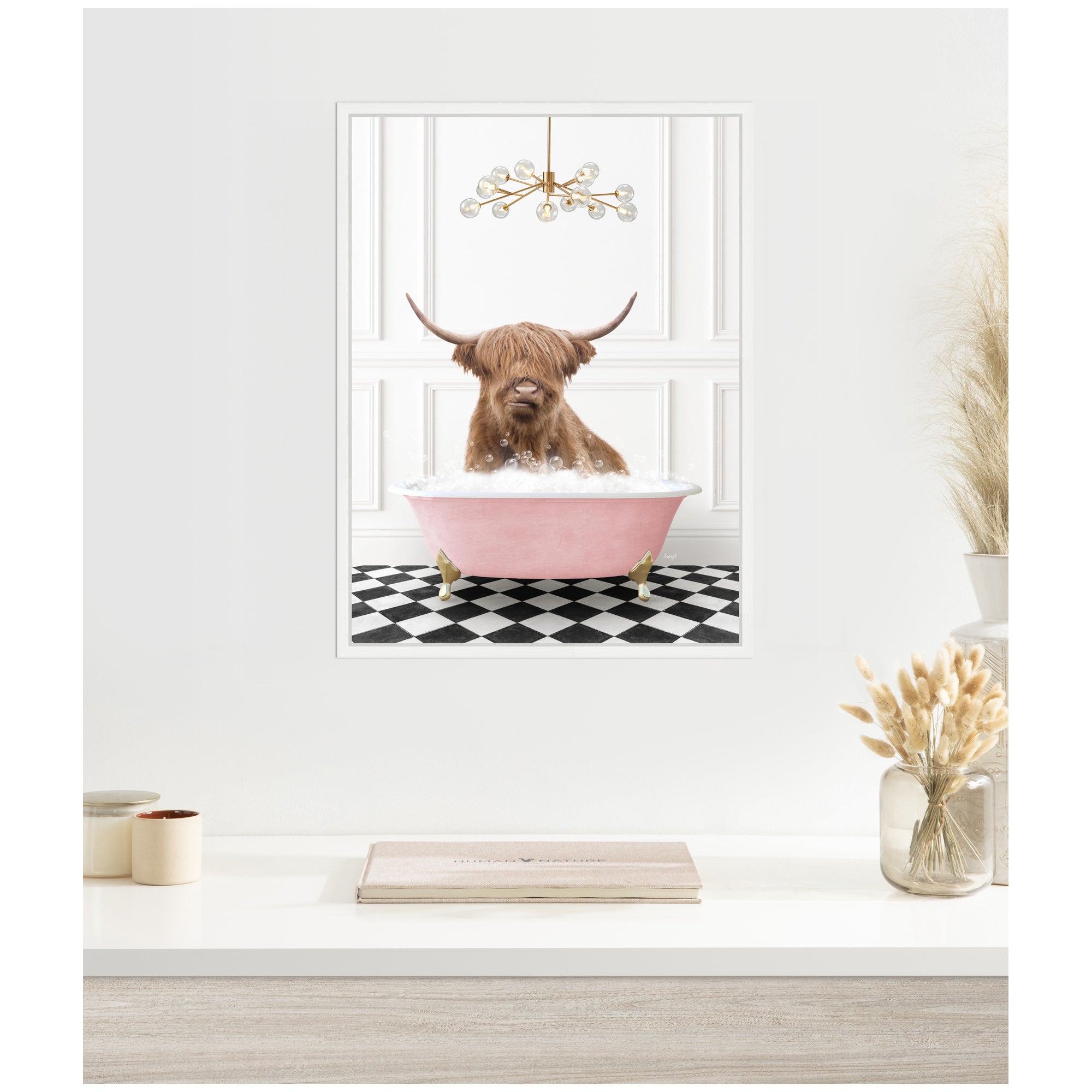 Sylvie Highland Cow in Pink Bathtub on Checker Floor Framed Canvas