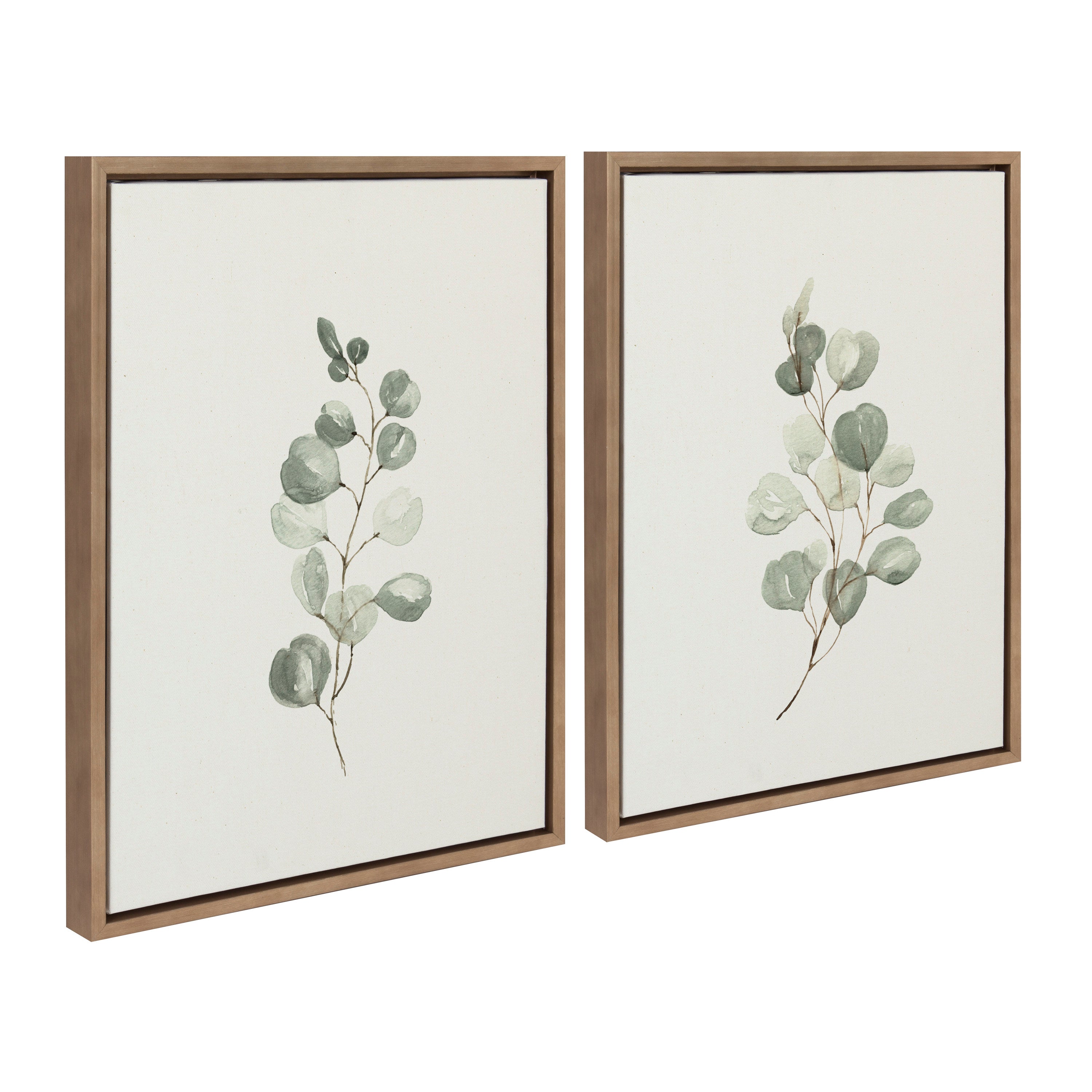 Sylvie Eucalyptus Framed Canvas Set by Maja Mitrovic showing two eucalyptus prints in gold frames against a neutral wall.