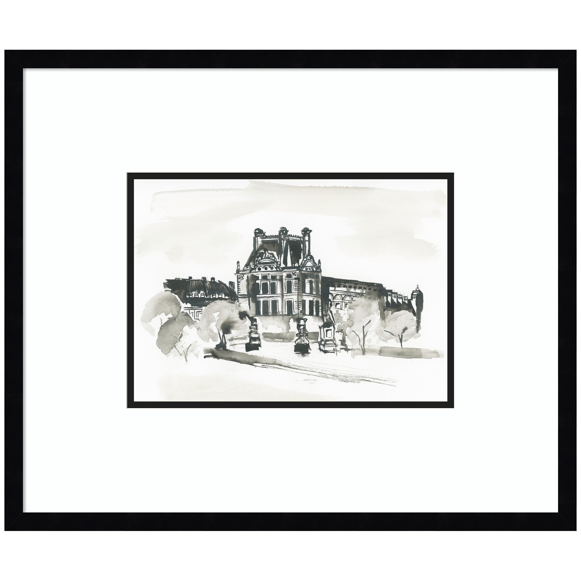 Postcard Paris by Teju Reval Framed Wall Art Print in svelte noir black frame hanging on wall