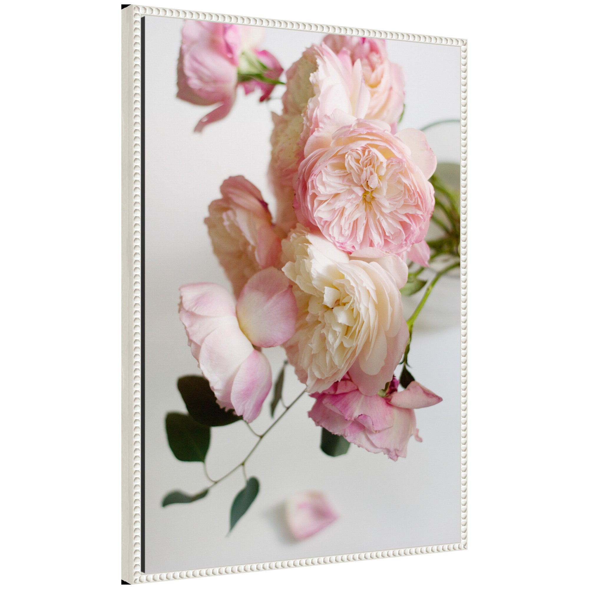 Sylvie Soft Pink Flower Bouquet framed canvas art by Kristy Campbell showing soft pink and white floral arrangement in vintage beaded frame