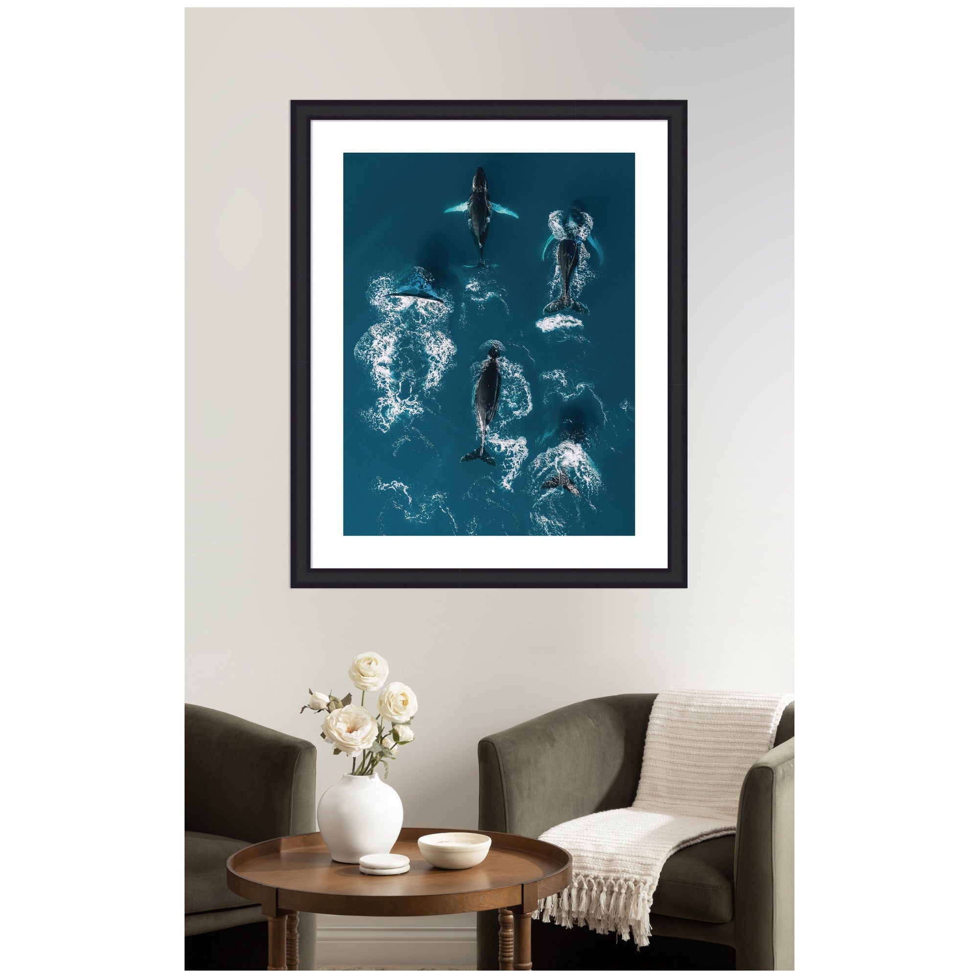 Framed Art School of Humpback Whales in the Blue Ocean by Michael Schauer