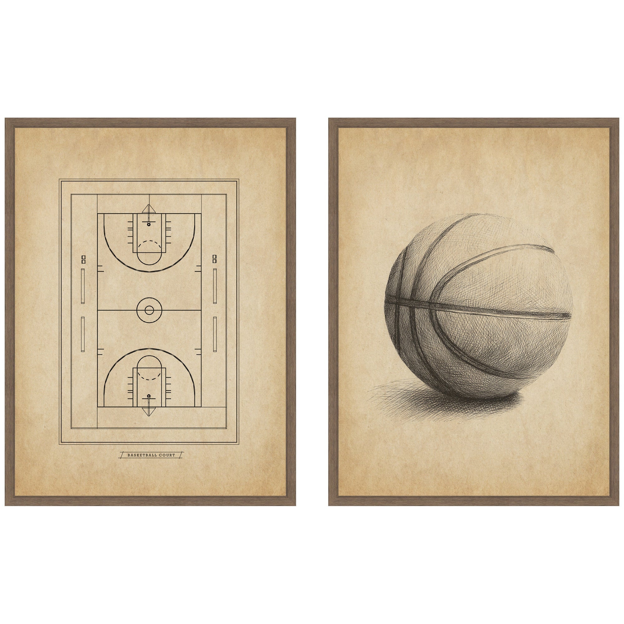 Two framed canvas prints featuring vintage basketball imagery with textured backgrounds, displayed side by side on a wall.