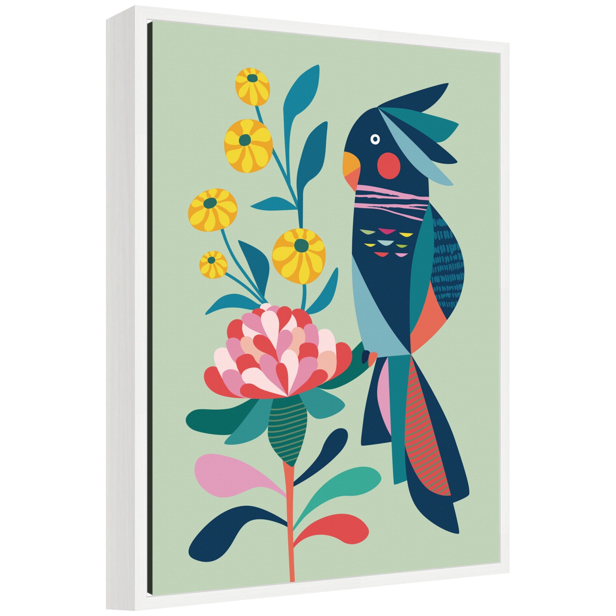 Sylvie Floral Cockatoo framed canvas featuring abstract floral design with a cockatoo in soft colors.