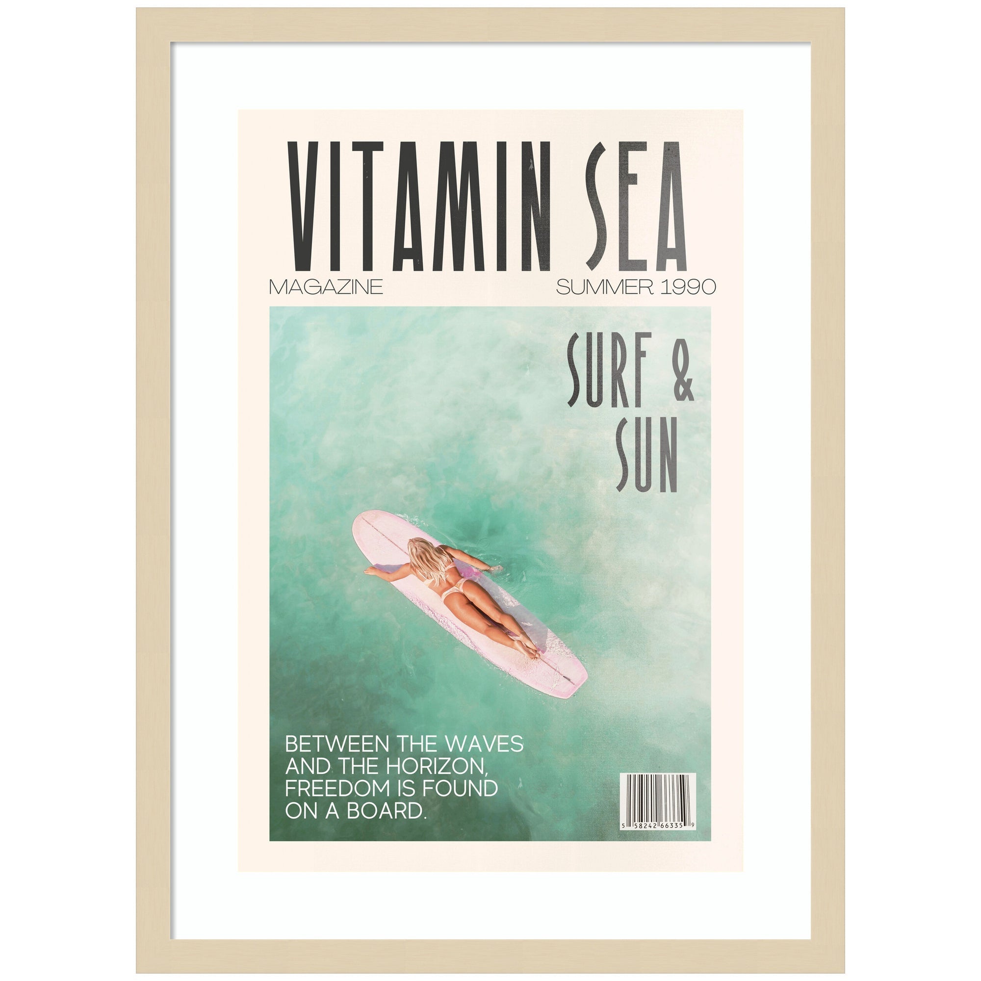 Vitamin Sea framed wall art print showing ocean scene with natural wood frame