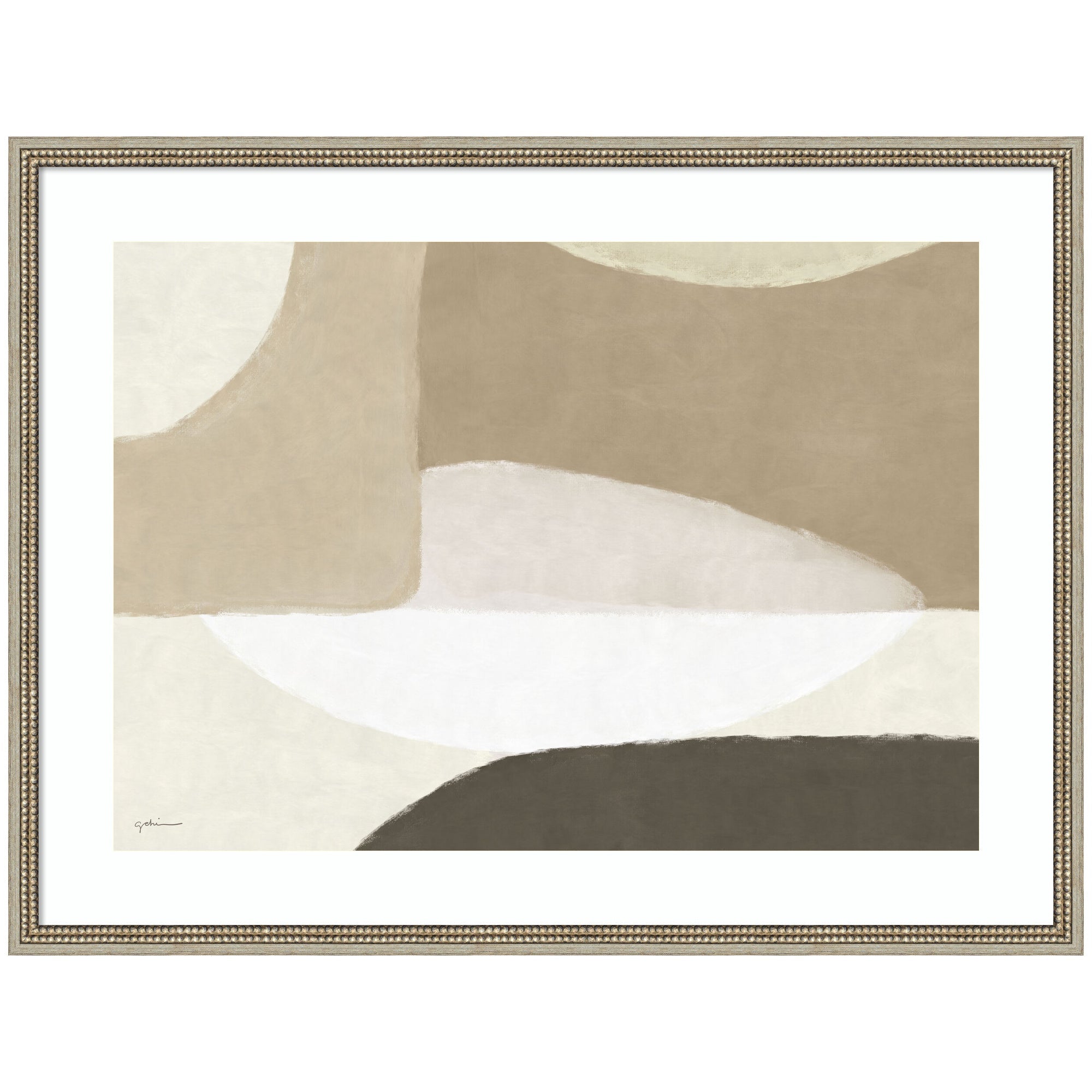 Abstract Neutral framed wall art print by Gabrielly Guedes featuring neutral-toned abstract shapes in designer moulding