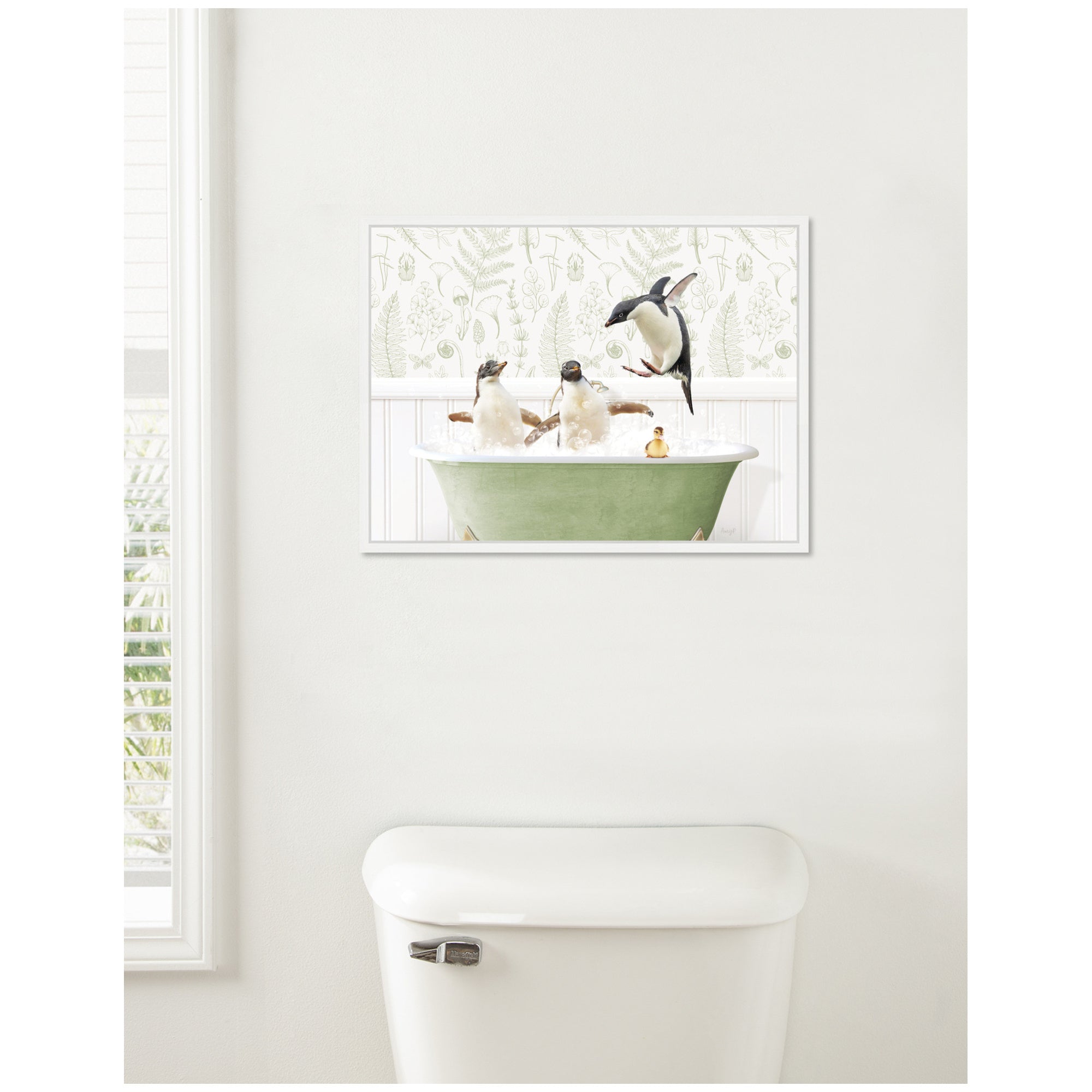 Sylvie Penguins in Fern Bath Framed Canvas by Amy Peterson
