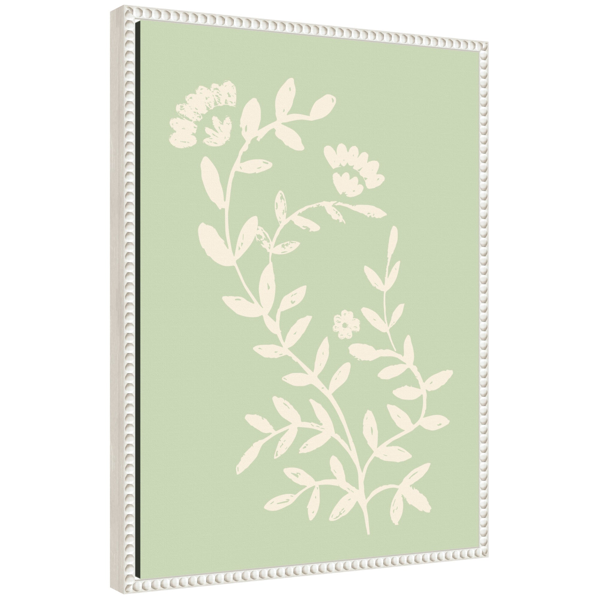 Country Chintz Botanical Pale Green framed canvas wall art by Vicky Yorke in Sylvie Beaded white frame