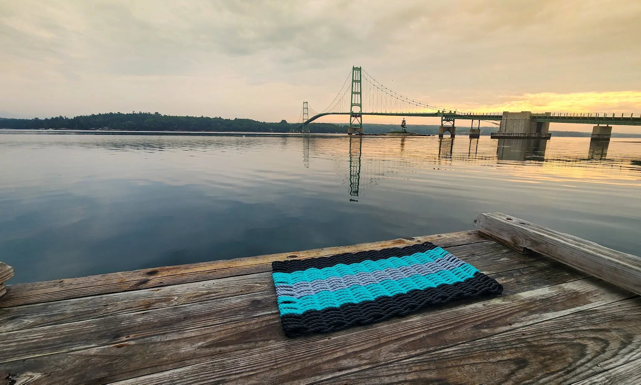 5 Stripe Lobster Rope Mat in Black, Teal, and Light Gray by Little Salty Rope