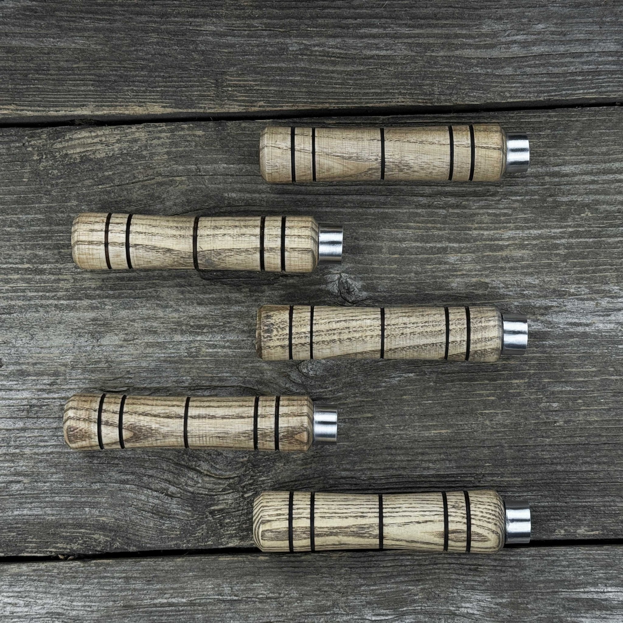 Set of five handcrafted ash wood handles with aluminum rings for woodworking tools