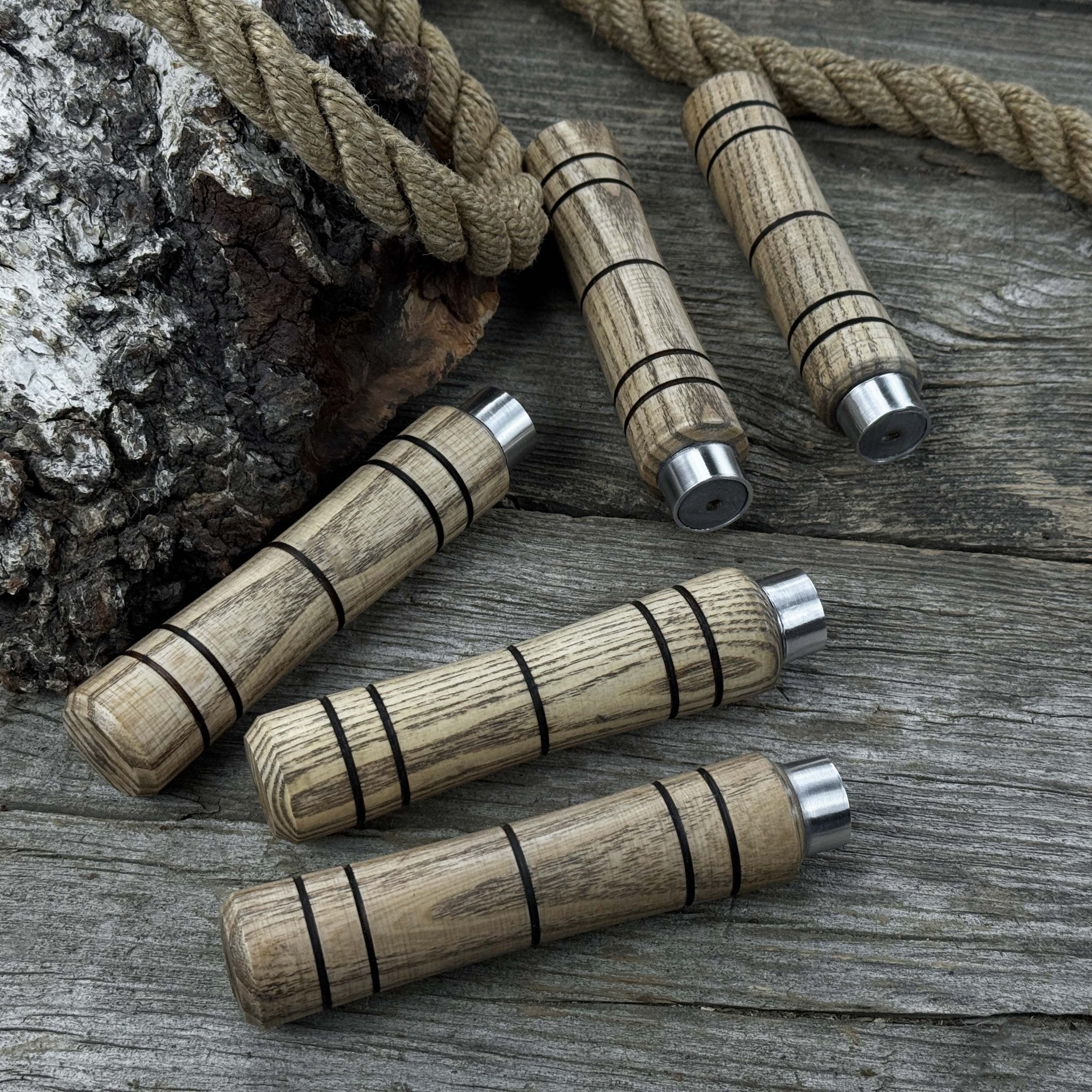 Set of five handcrafted ash wood handles with aluminum rings for woodworking tools