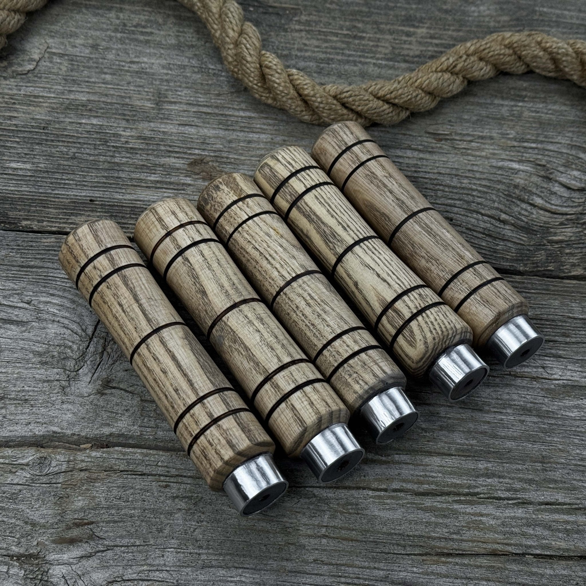 Set of five handcrafted ash wood handles with aluminum rings for woodworking tools