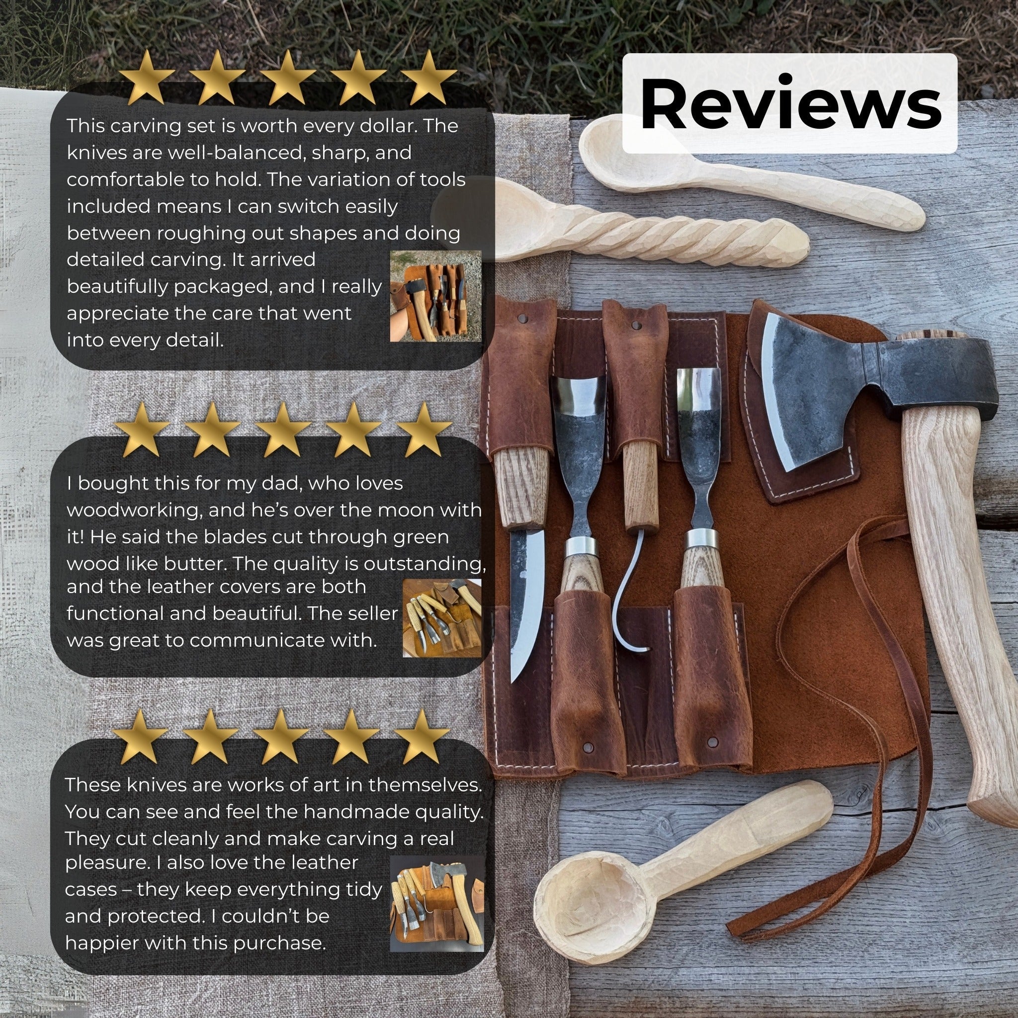 5-piece hand-forged carving tool set with leather tool roll by Sharky Forged Steel Tools