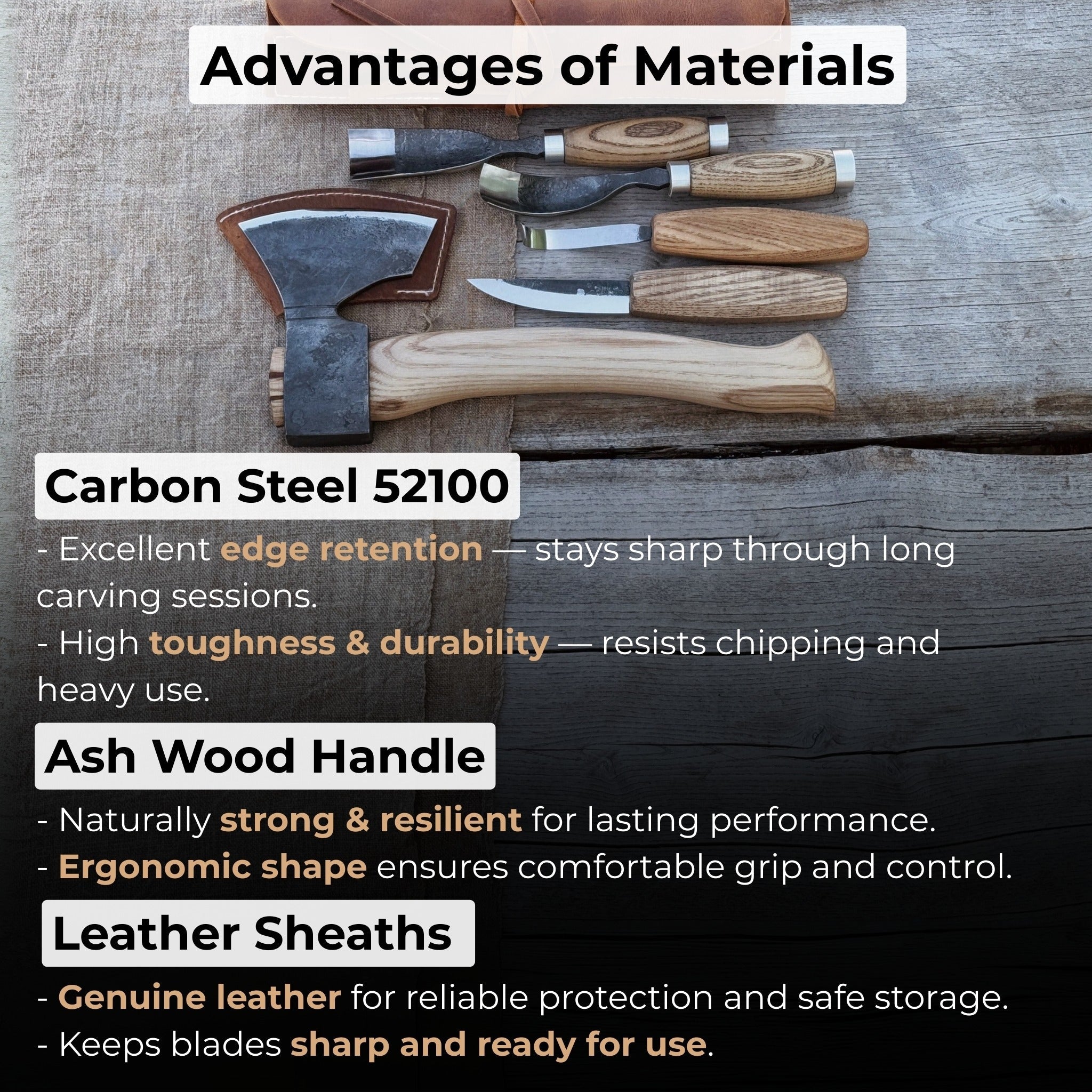 5-piece hand-forged carving tool set with leather tool roll by Sharky Forged Steel Tools