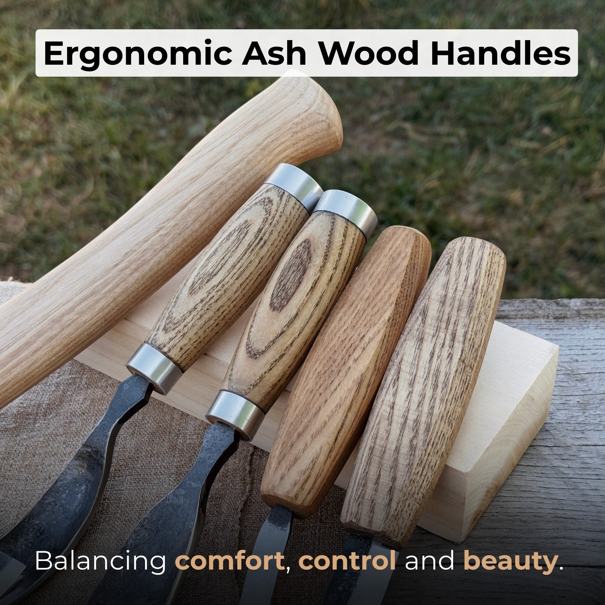 5-piece hand-forged carving tool set with leather tool roll by Sharky Forged Steel Tools